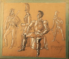 Scuola ceca 20° Disegno gesso nero e guazzo soldati russi Puchkin