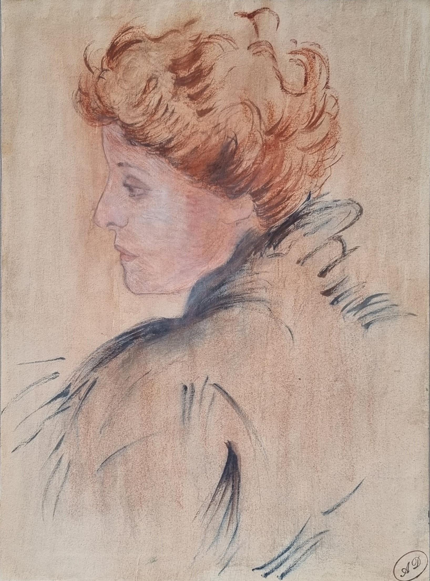 Drawing Portrait Sarah Bernhardt red hair woman French late 19th monogram - Art by Unknown