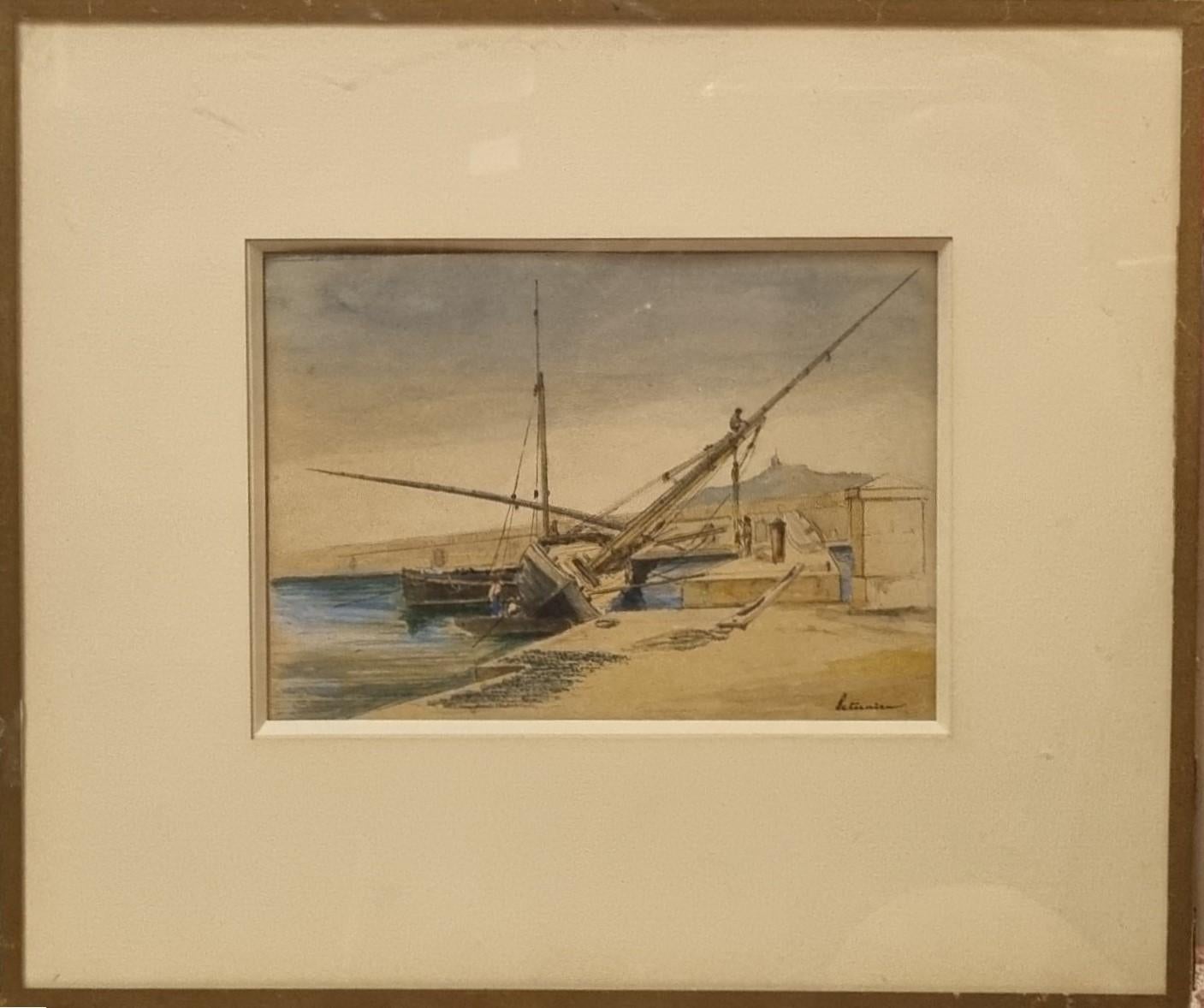 Watercolor LETUAIRE Arsenal Toulon bateau Français 19e - Art by Pierre LETUAIRE
