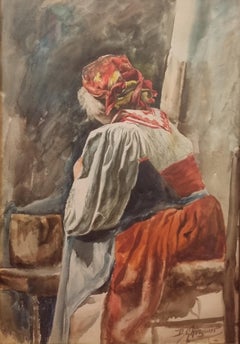 French Watercolor Academic 19th GHESQUIER Portrait young Italian woman Roma 1880