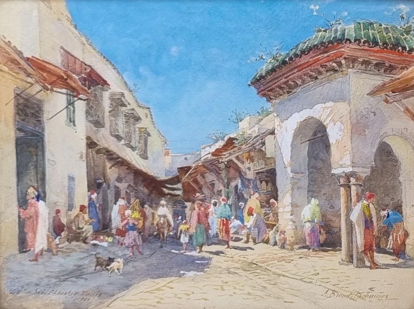 Landscape Art di Alfred Brunet-Debaines - Acquerello Vista Strada Tunisi Realista francese Inizio XX
