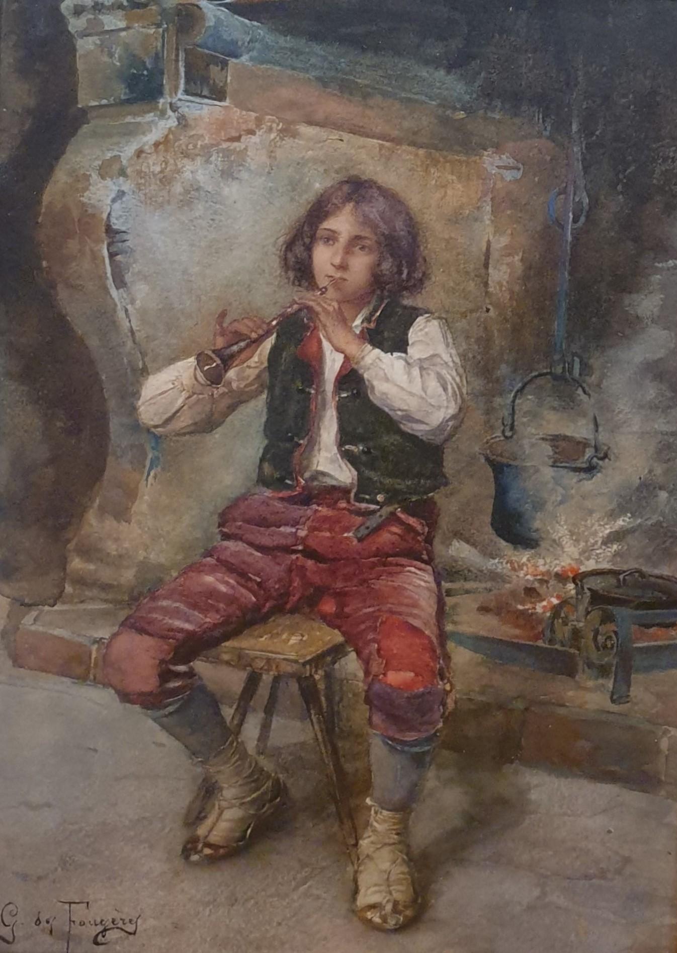 Watercolor French 19th signed DES FOUGERES Italian boy flute player Pifferaro - Art by Unknown