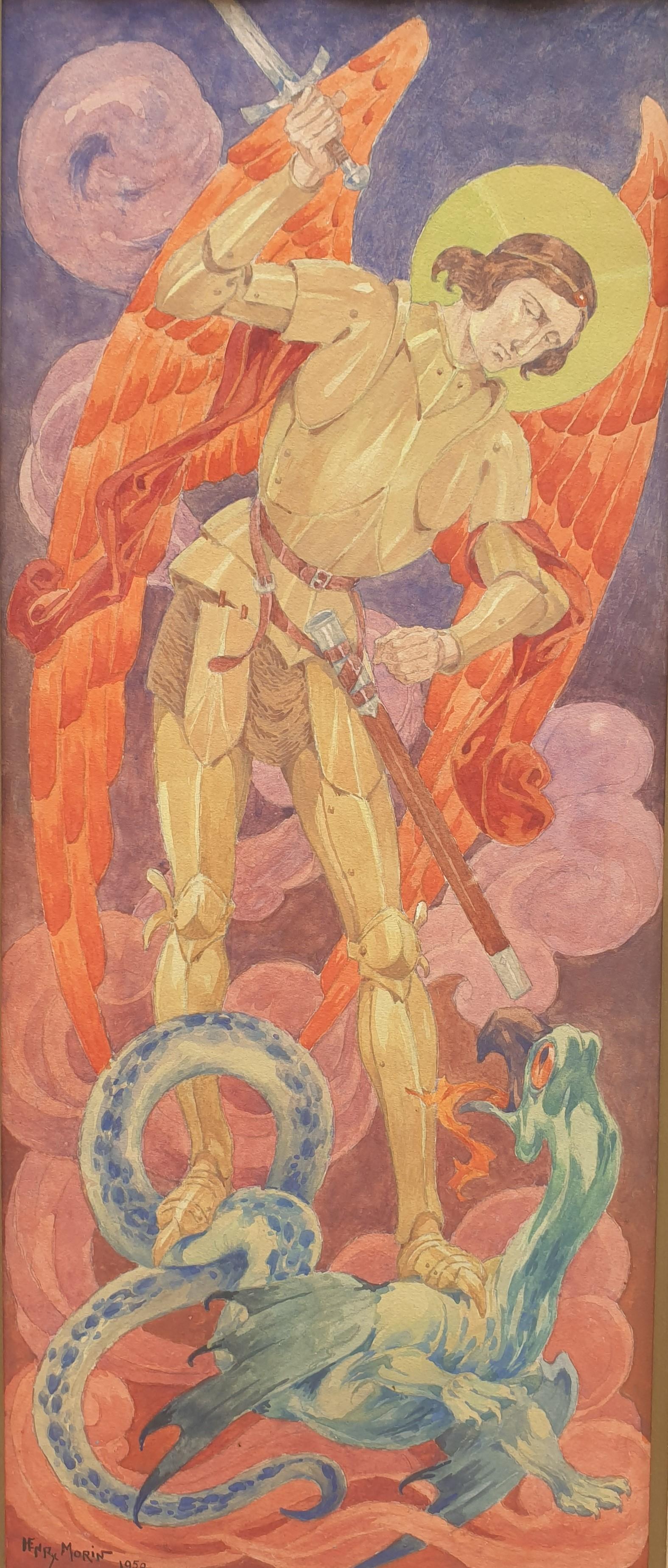 Watercolor 20th Decorative French Saint Michael slaying the dragon - Art by Henry MORIN
