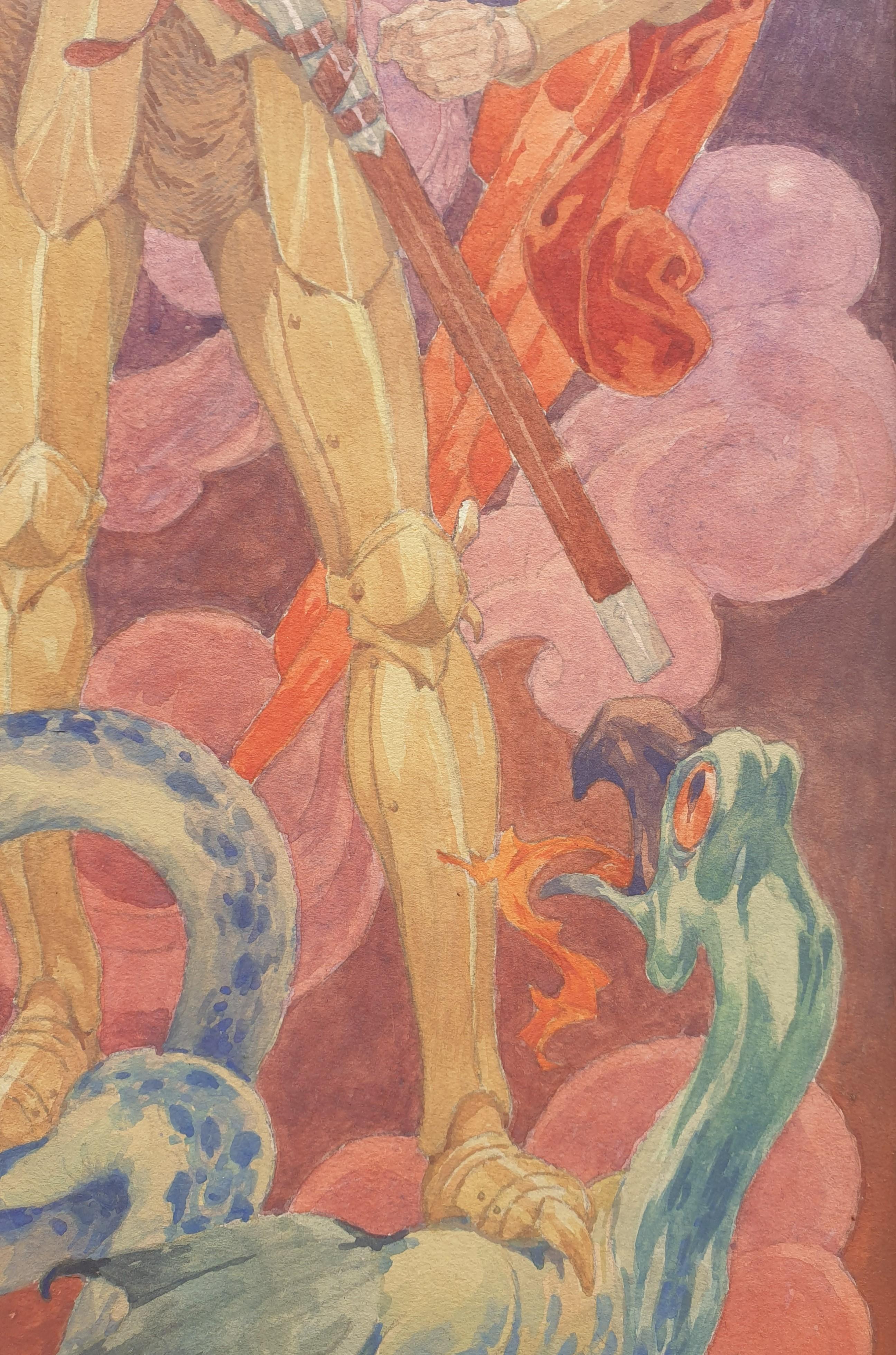 Watercolor 20th Decorative French Saint Michael slaying the dragon - Art Nouveau Art by Henry MORIN