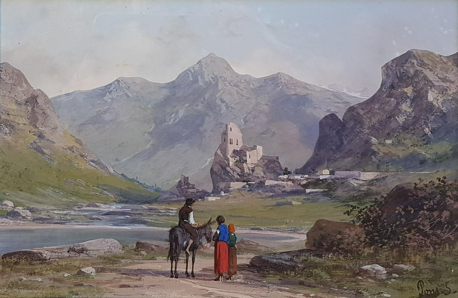 Gouache 19. oder 20. Landschaft Französisch Malerei Schlossruinen Pyrenäen in Frankreich – Art von Unknown