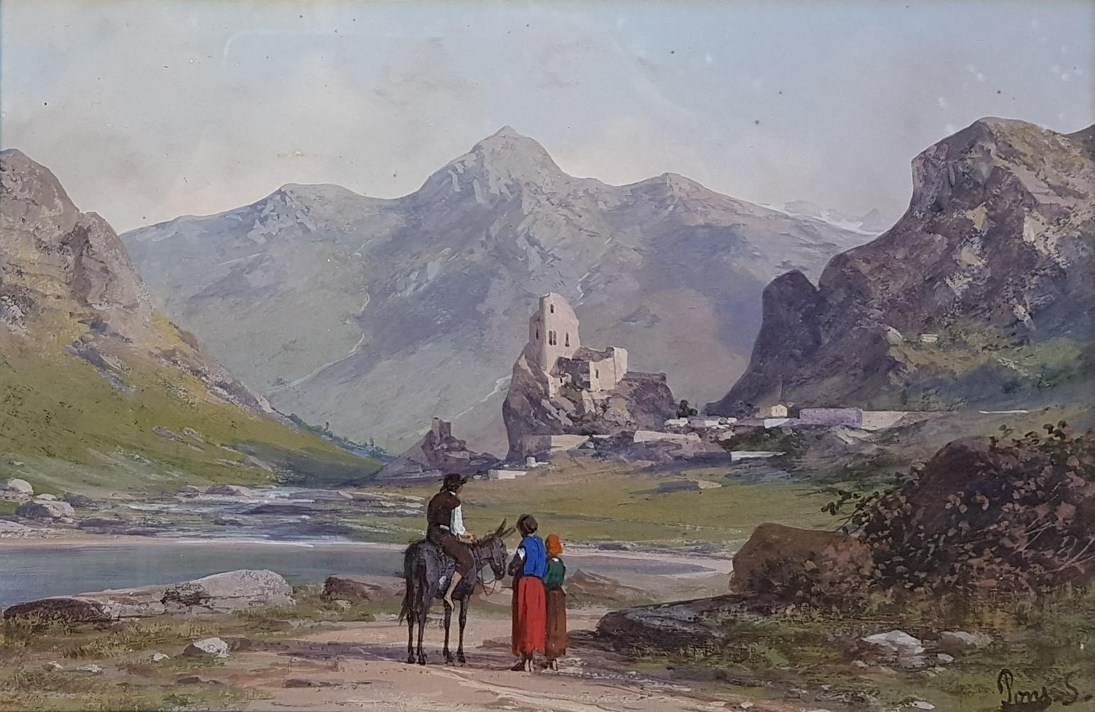 Gouache 19. oder 20. Landschaft Französisch Malerei Schlossruinen Pyrenäen in Frankreich (Französische Schule), Art, von Unknown