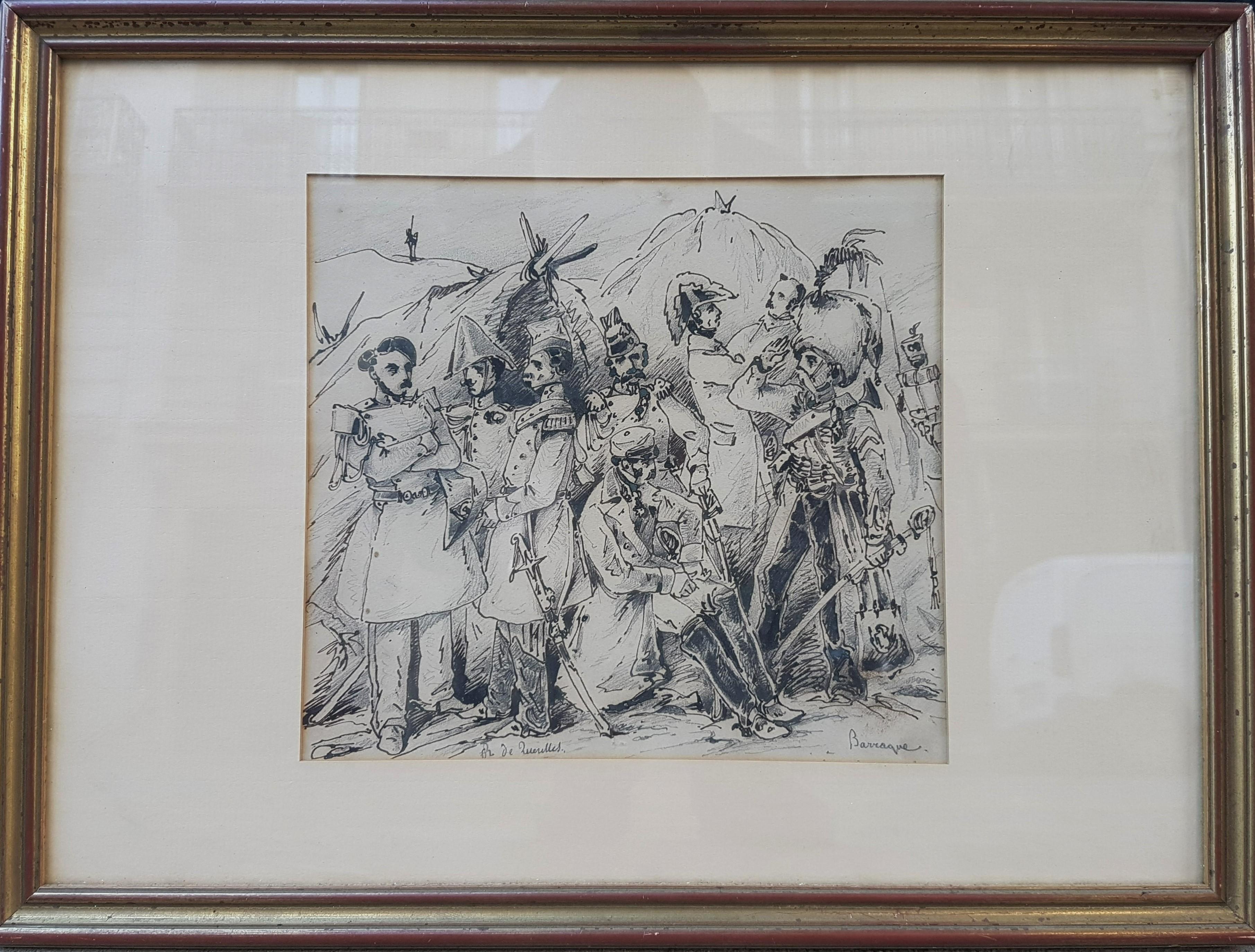 Richard de Querelle Figurative Art - Military Drawing 19th Ink on paper Souvenir barrack officers 1830 July Monarchy 