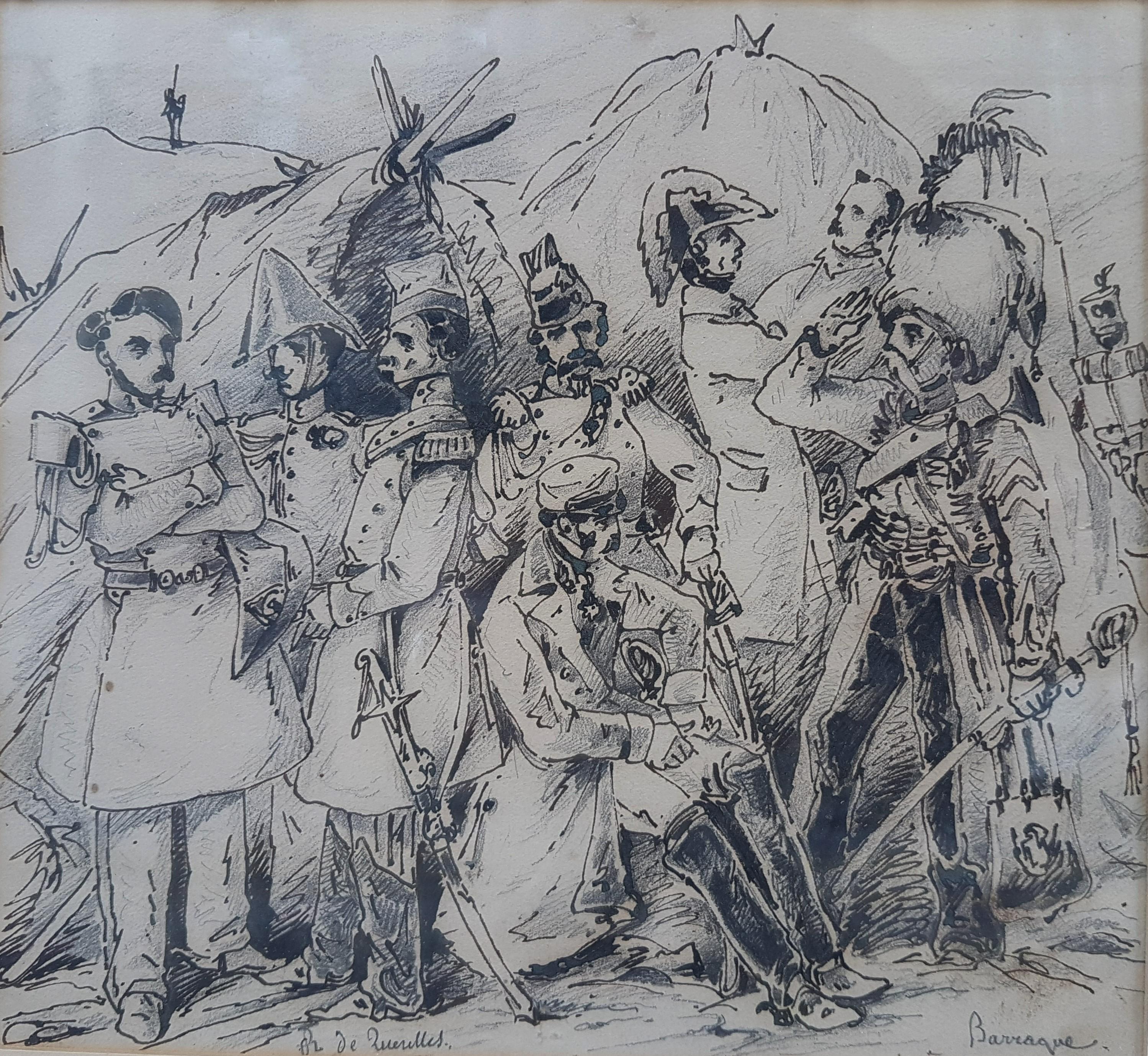 Military Drawing 19th Ink on paper Souvenir barrack officers 1830 July Monarchy  - Art by Richard de Querelle