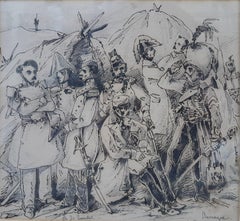 Military Drawing 19th Ink on paper Souvenir barrack officers 1830 July Monarchy