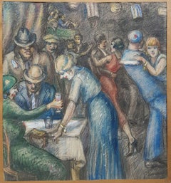 POMERAT French pastel 1920s 20th Expressionnist A cabaret in Marseille 1920