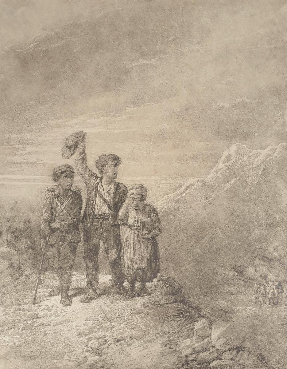 Französische romantische Zeichnung des 19. Jahrhunderts Bleistift-Departure-Kinder Berg – Art von Jules LAURENS