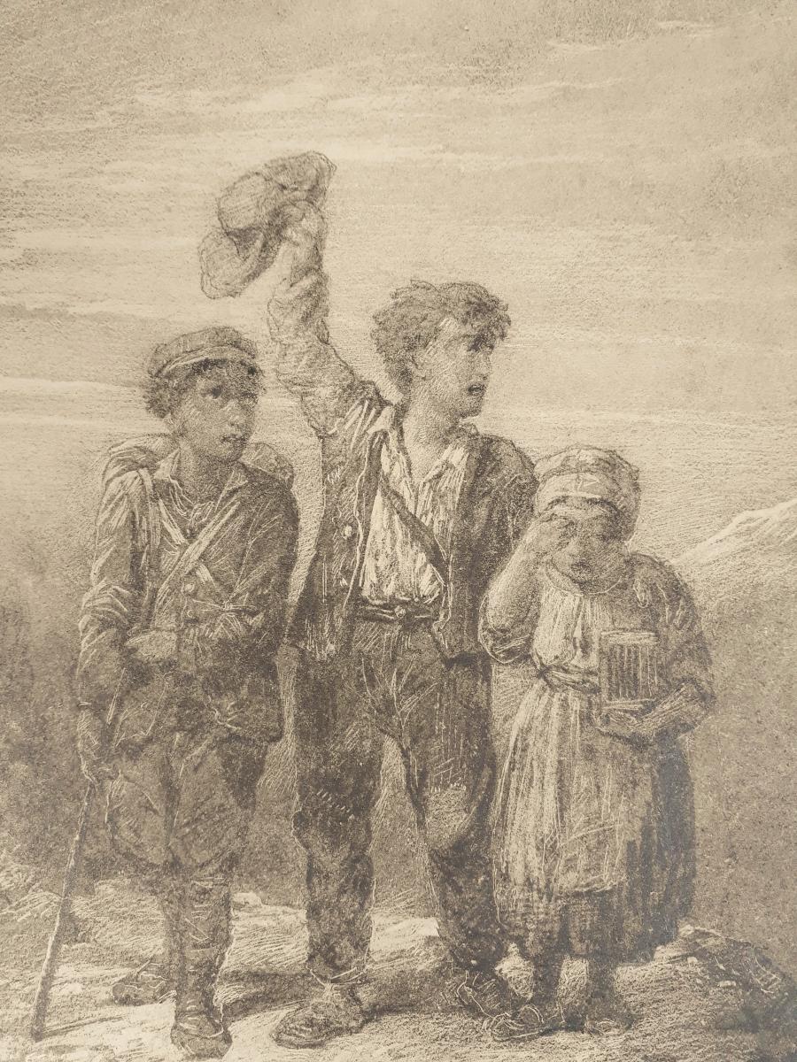 LAURENS French romantic Drawing 19th century pencil Departure children mountain - Academic Art by Jules LAURENS