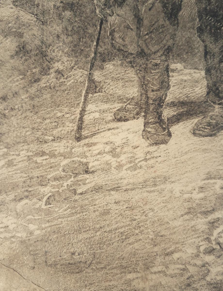 LAURENS Dibujo romántico francés Siglo XIX Lápiz Salida niños montaña - Figurative Art Beige de Jules LAURENS