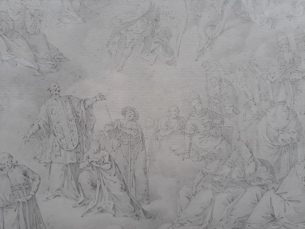 Zeichnungs Bleistift-Karbonskizze Religiöse Heilige Heiligen, Miniaturistischer deutscher Barock, 18. Jahrhundert   im Angebot 1