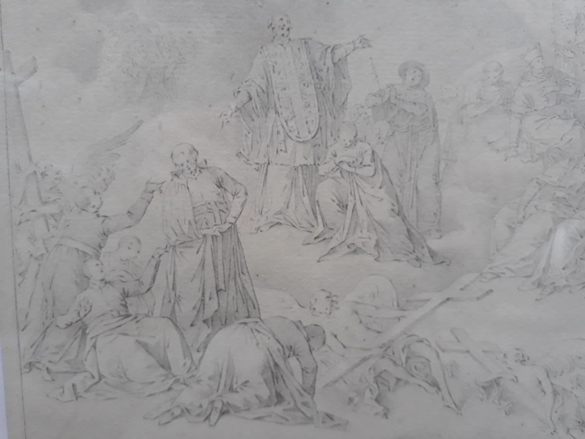 Zeichnungs Bleistift-Karbonskizze Religiöse Heilige Heiligen, Miniaturistischer deutscher Barock, 18. Jahrhundert   (Grau), Figurative Art, von Johann Jacob HOCH