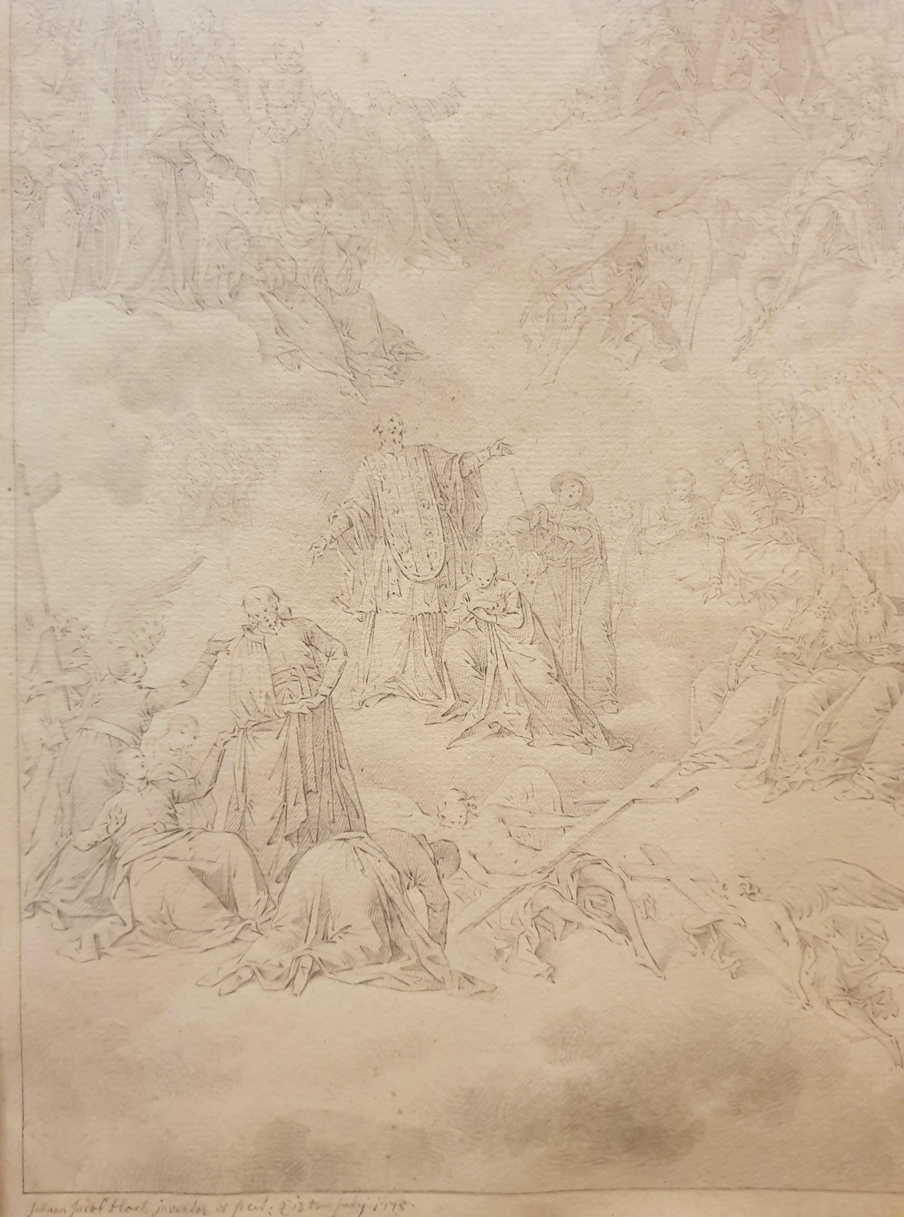 Dessin crayon carbone Croquis Religieux Saints miniaturiste allemand baroque 18ème - Art de Johann Jacob HOCH