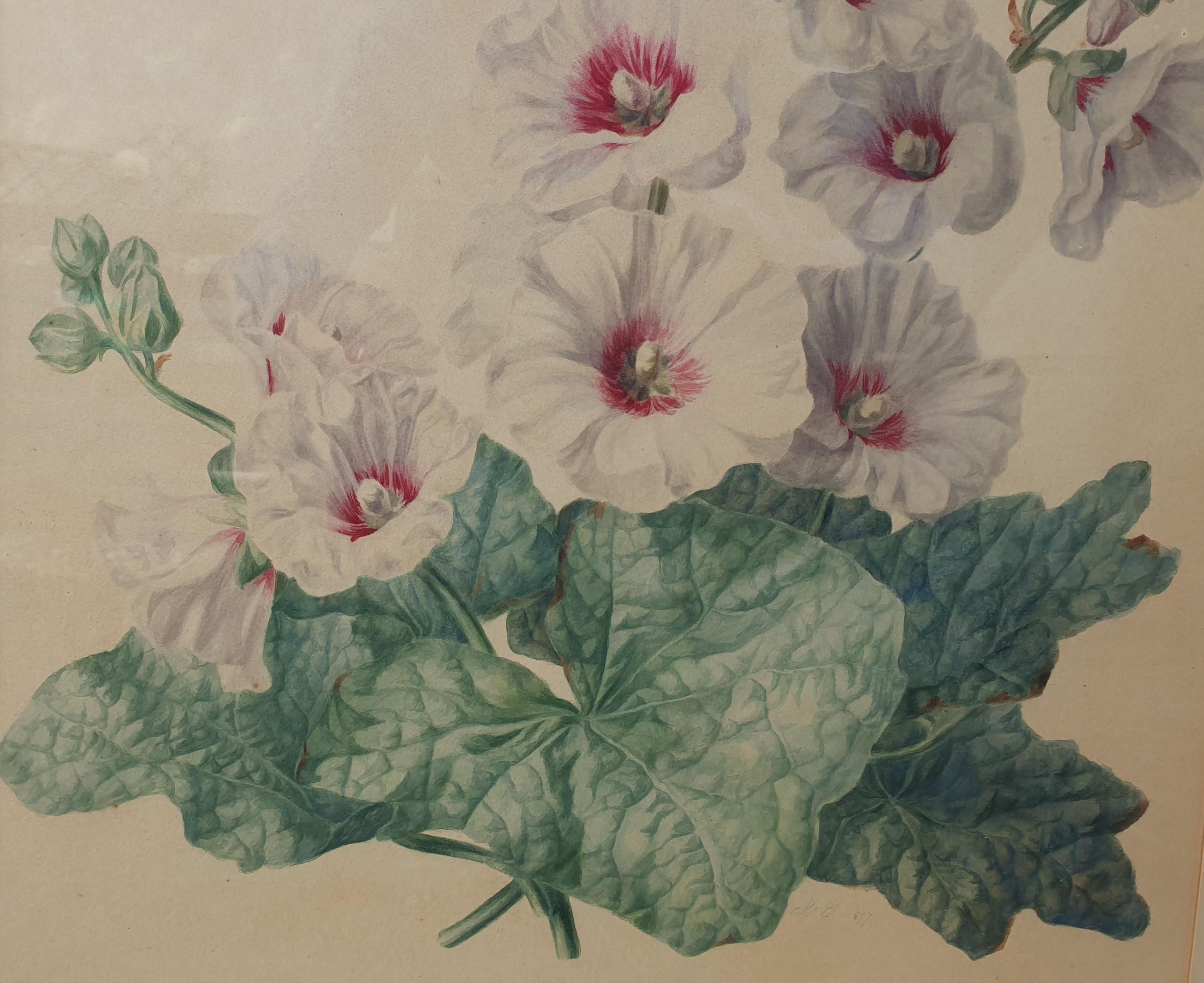 Watercolor 19th French school flowers hollyhocks large Academic For Sale 1