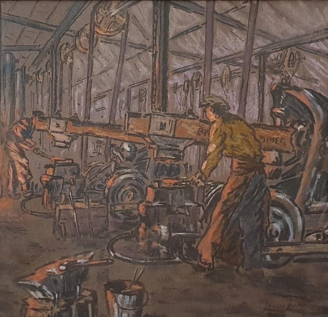 LOUVET Pastel black-smith interior factory forge industrial french Angers 20th - Brown Interior Art by Camille LOUVET