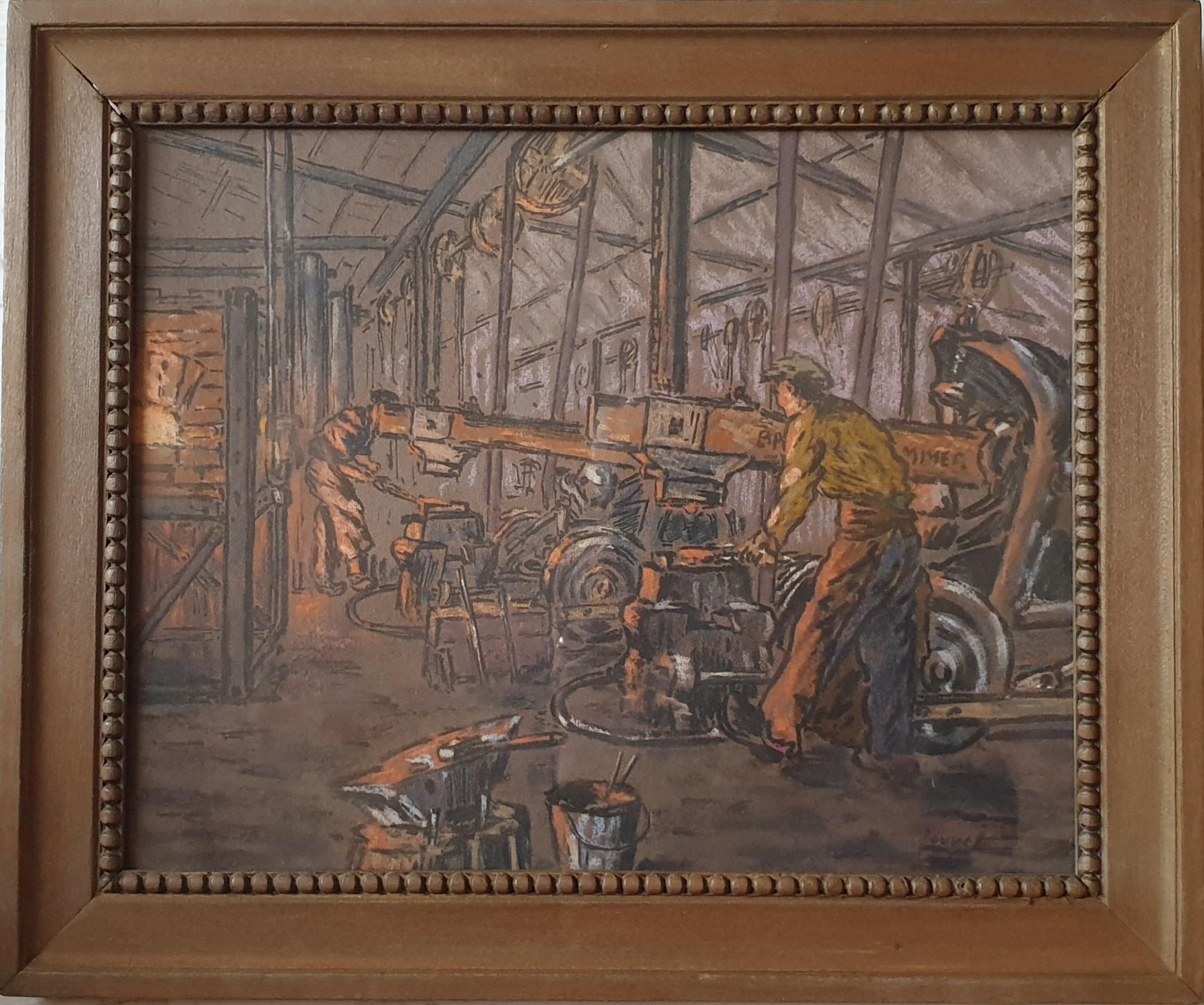 LOUVET Pastel black-smith interior factory forge industrial french Angers 20th - Art Nouveau Art by Camille LOUVET