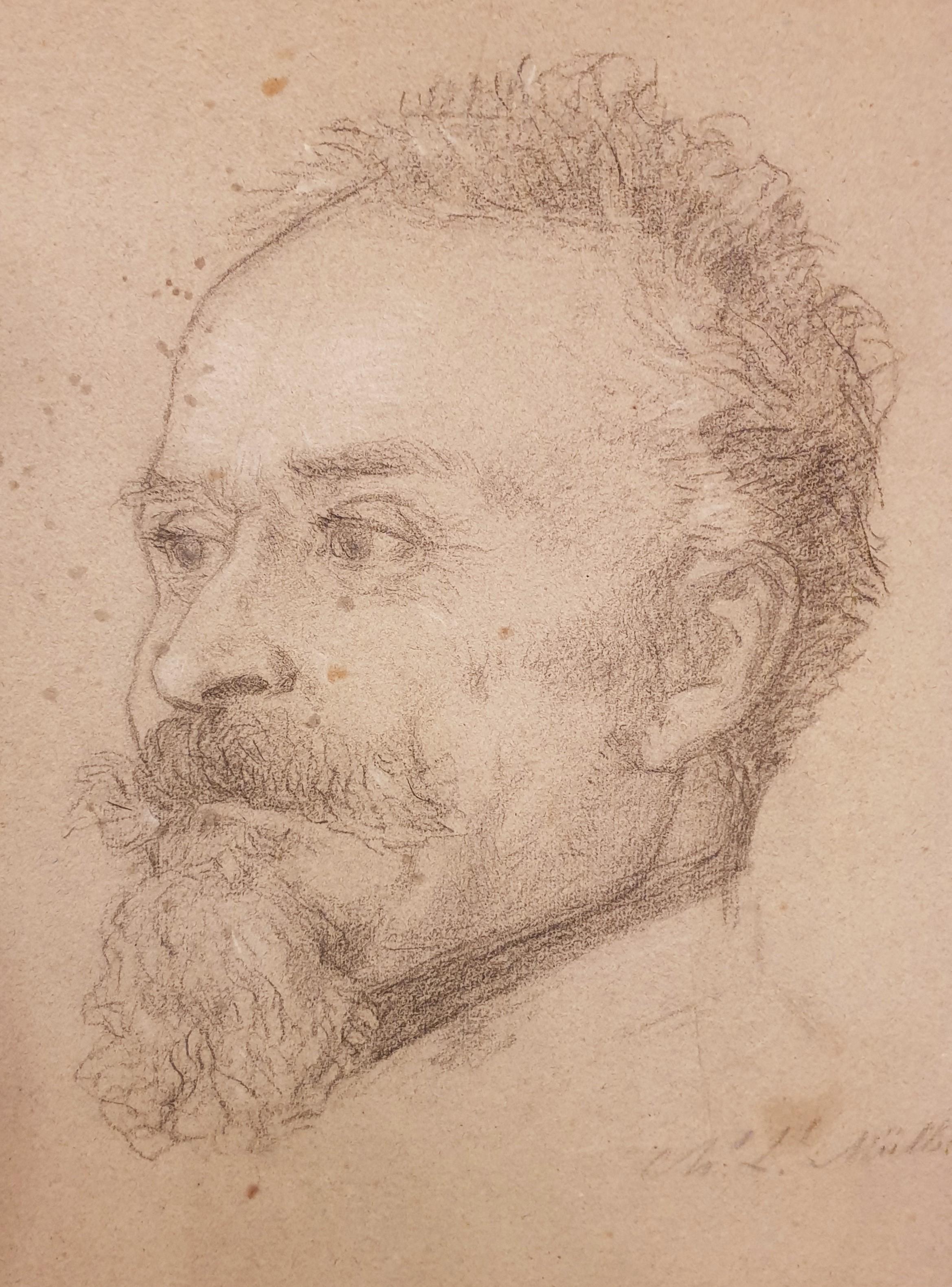 French academic drawing Pencil portrait man bust 19th  - Art by Charles Louis MÜLLER