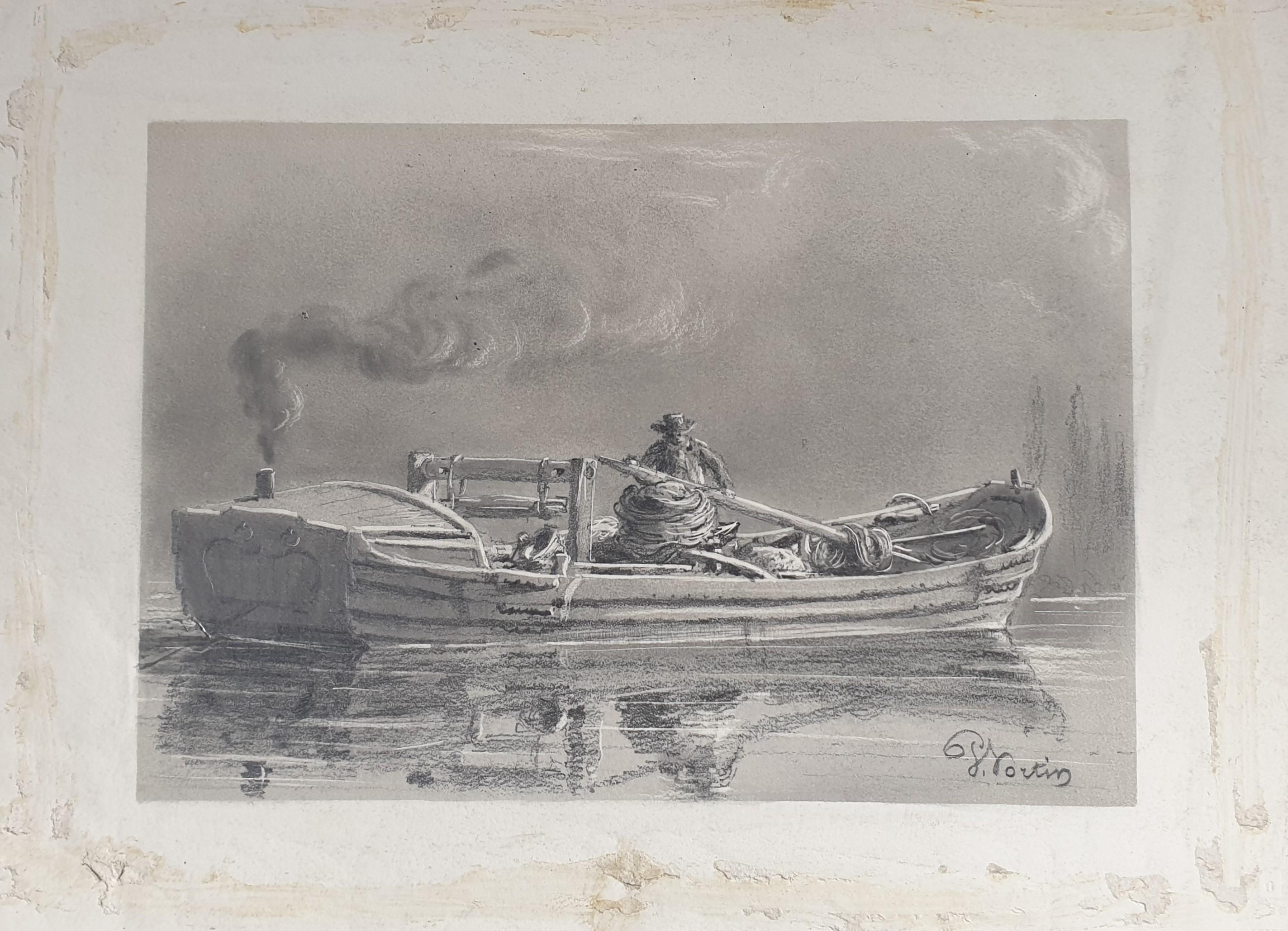 French romantic school Drawing black chalk and goiache HORTIN steam boat 19th - Art by Charles HORTIN