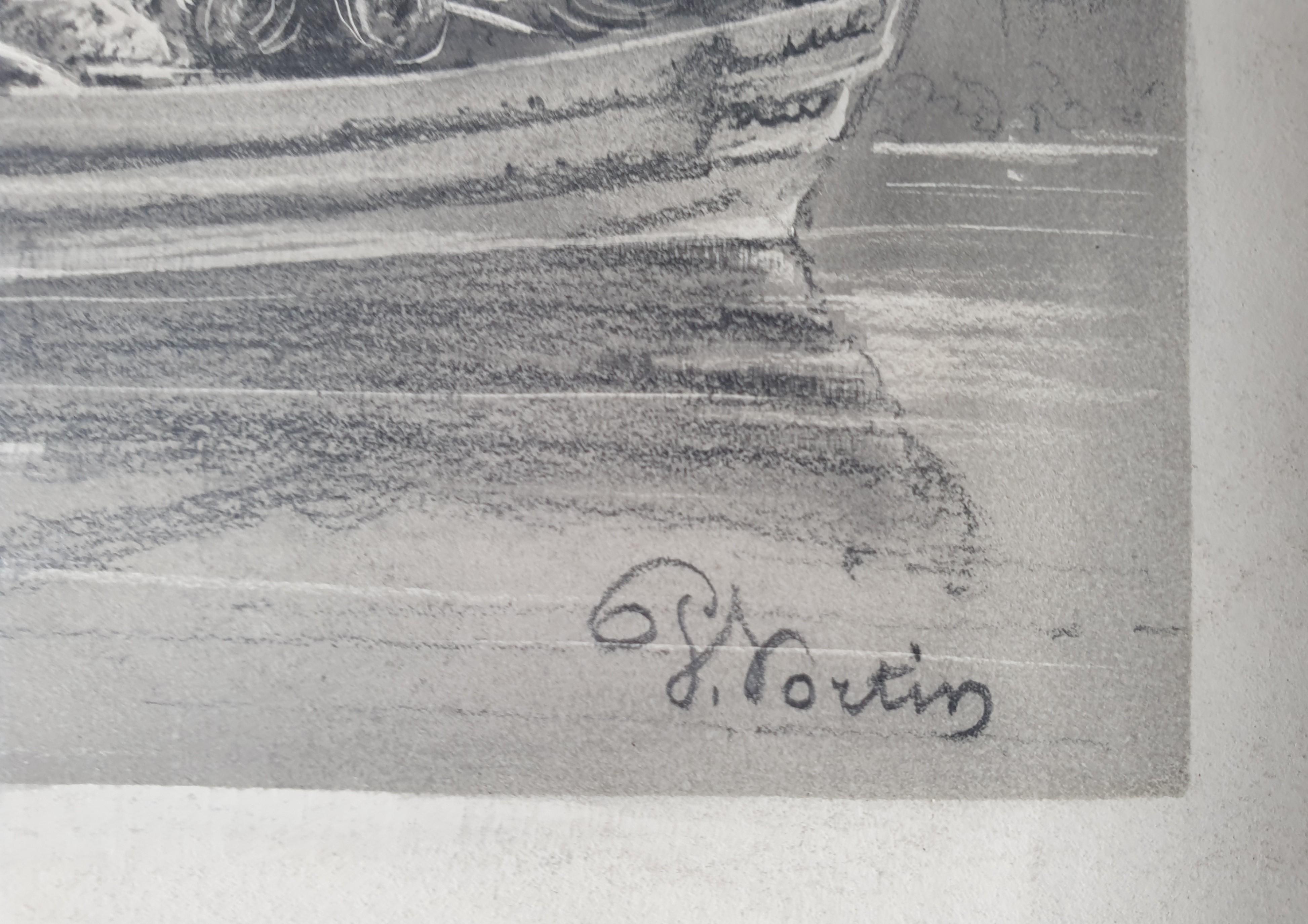 French romantic school Drawing black chalk and goiache HORTIN steam boat 19th For Sale 3