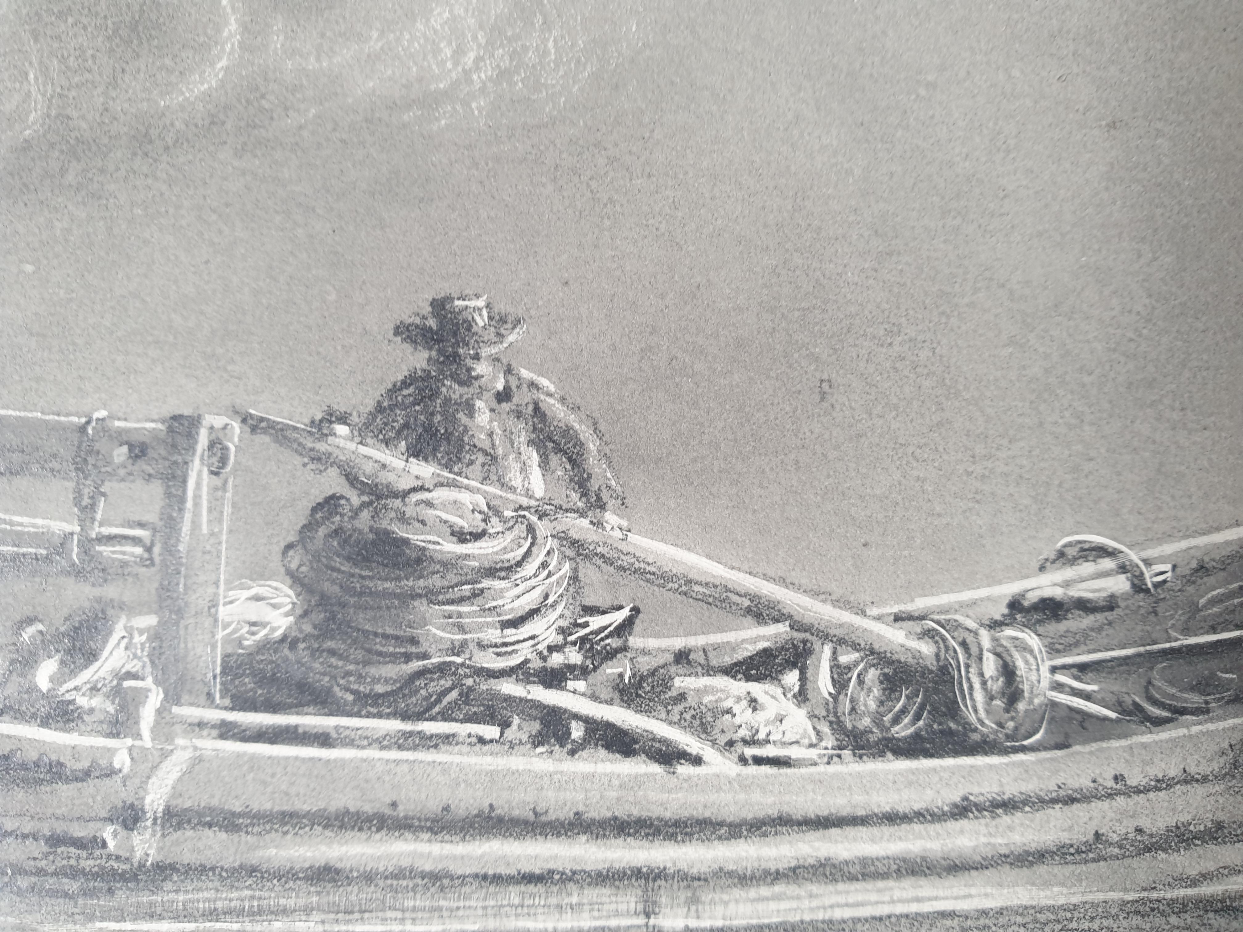 French romantic school Drawing black chalk and goiache HORTIN steam boat 19th For Sale 2