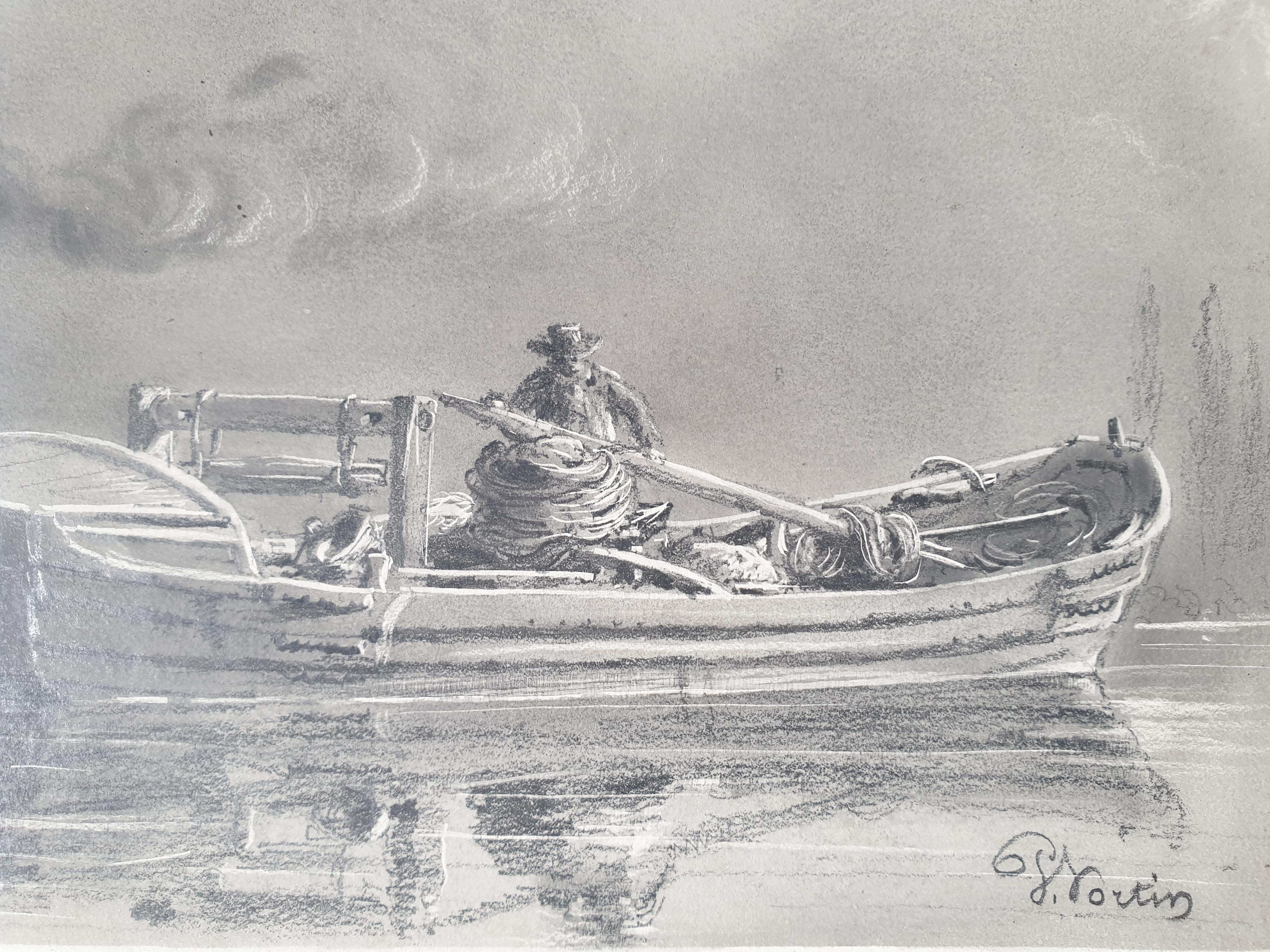 French romantic school Drawing black chalk and goiache HORTIN steam boat 19th For Sale 1