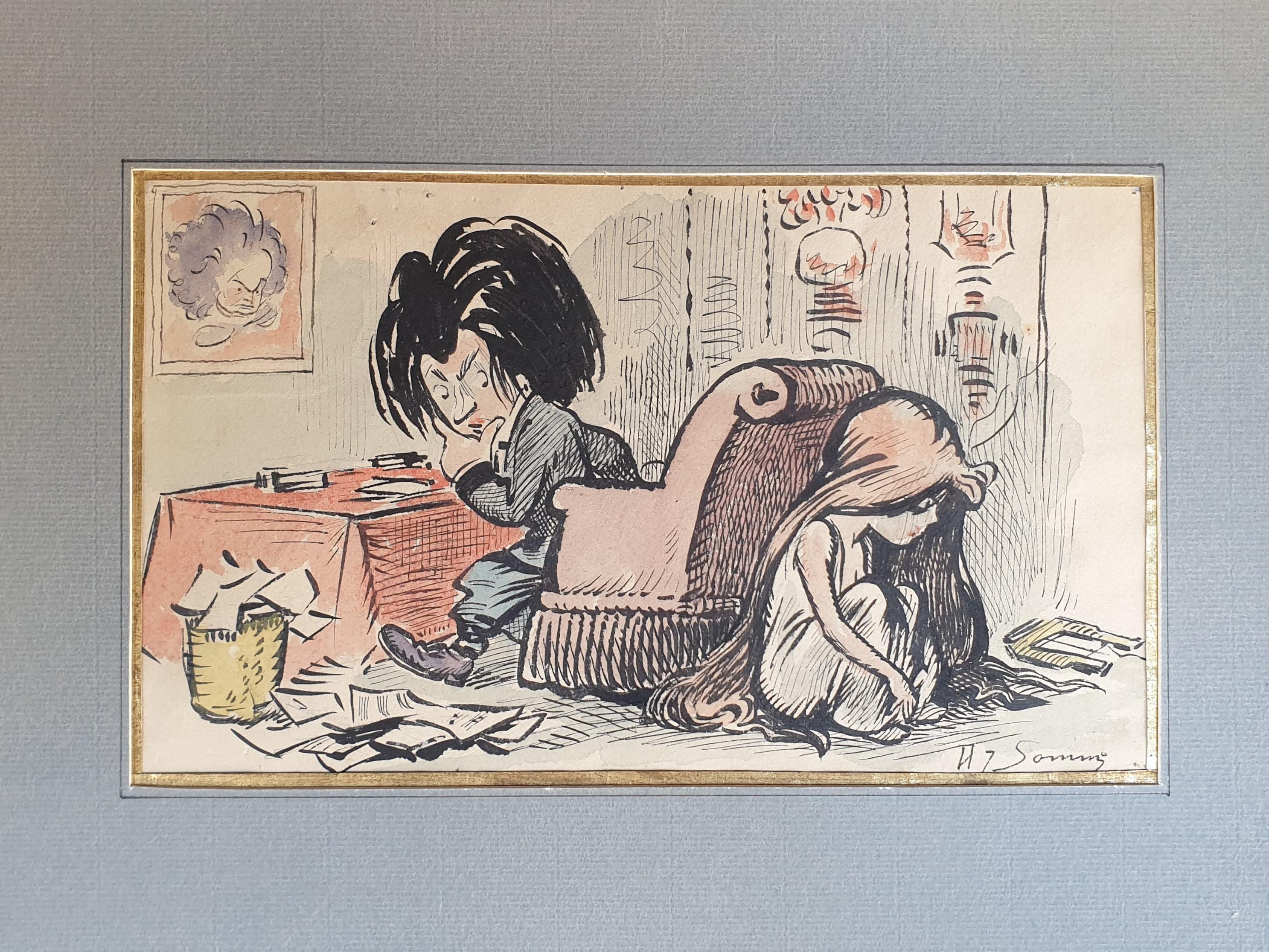 Drawing watercolor and ink Henri SOMM caricature cartoon Letter to Elise 19th For Sale 1
