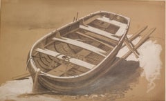 Escuela francesa Dibujo lápiz y gouache Estudio Barco en Normandía XIX Monograma