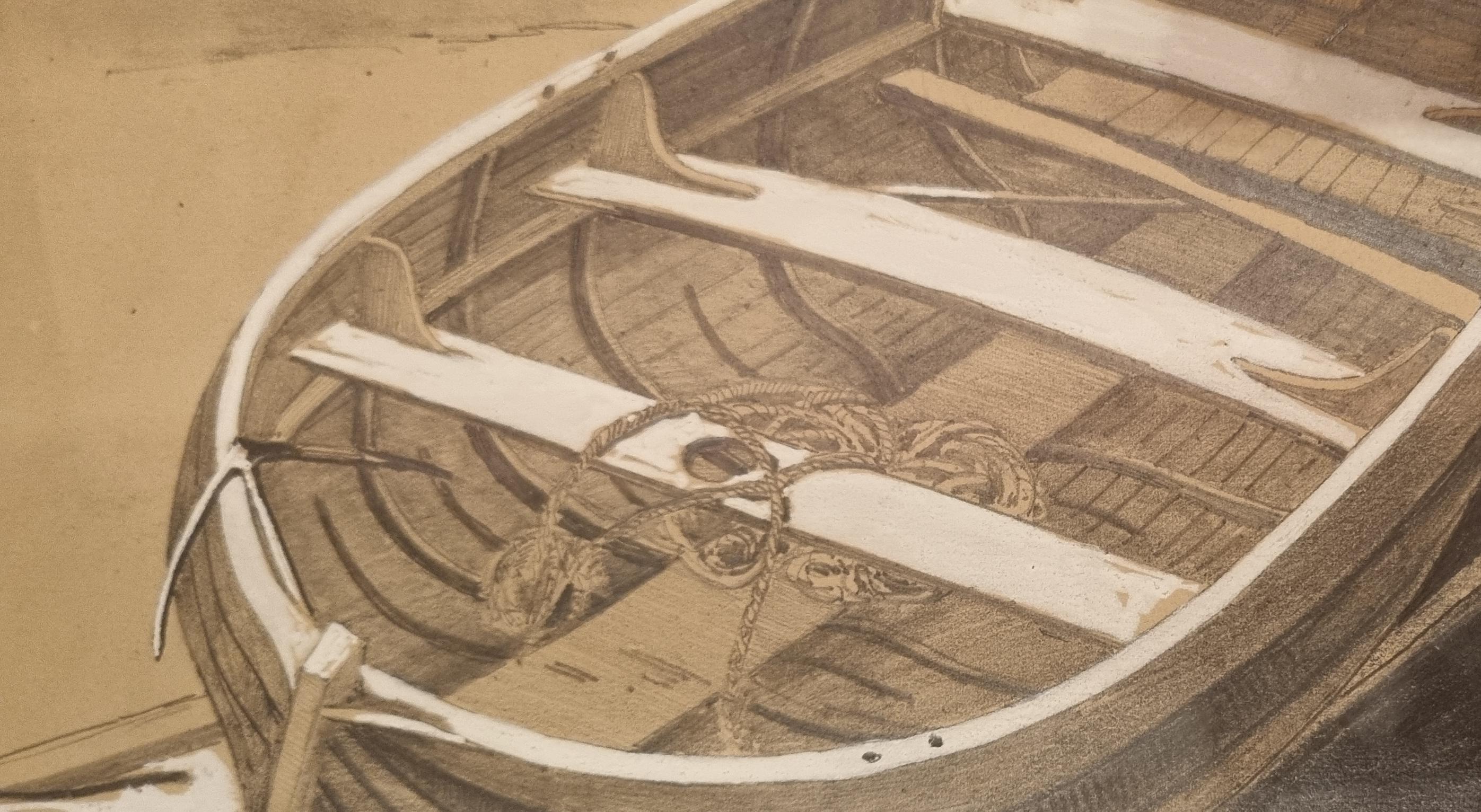 Scuola francese Disegno a matita e gouache Studio di barca in Normandia 19° Monogram in vendita 2