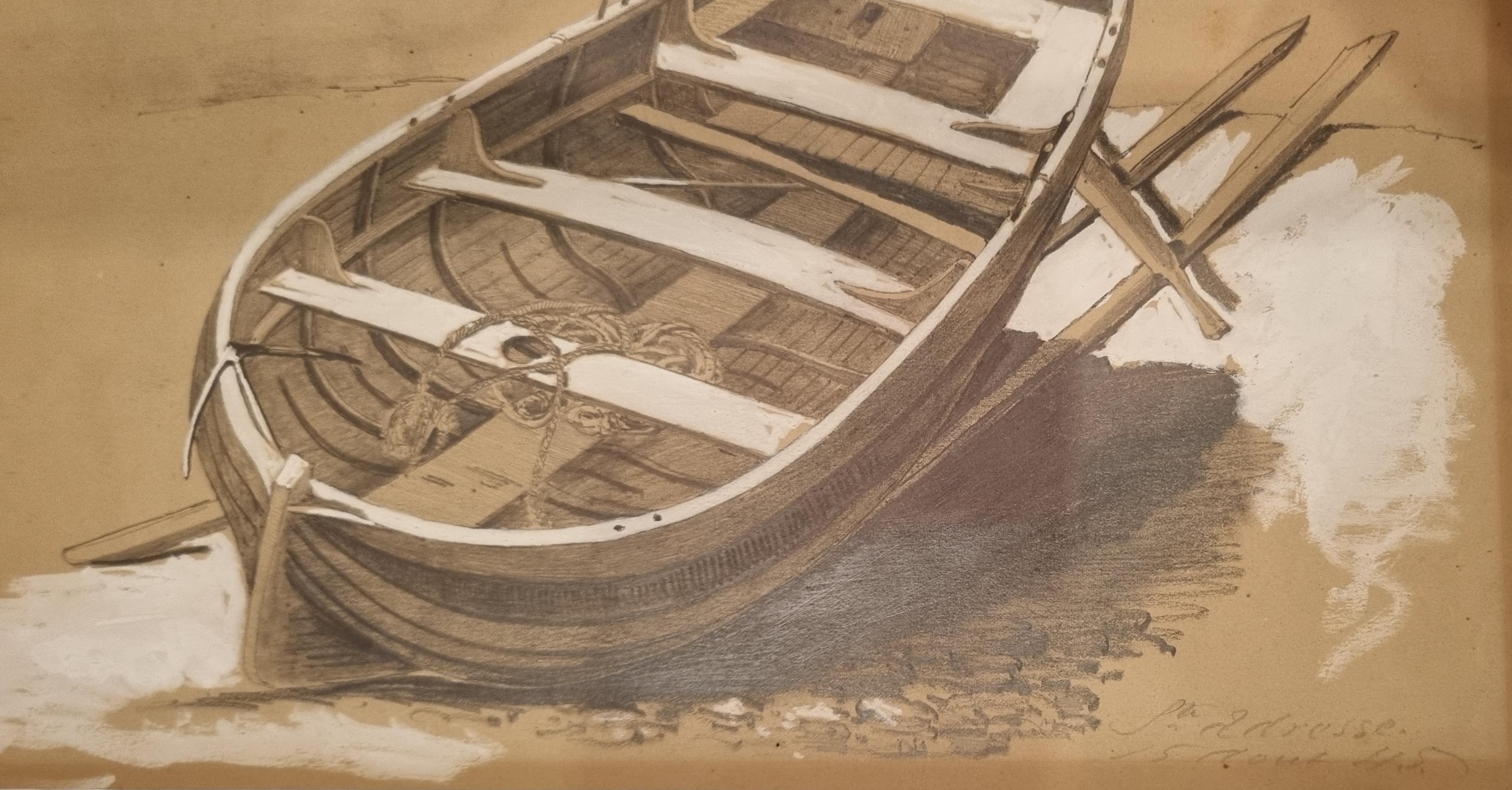 Scuola francese Disegno a matita e gouache Studio di barca in Normandia 19° Monogram in vendita 1