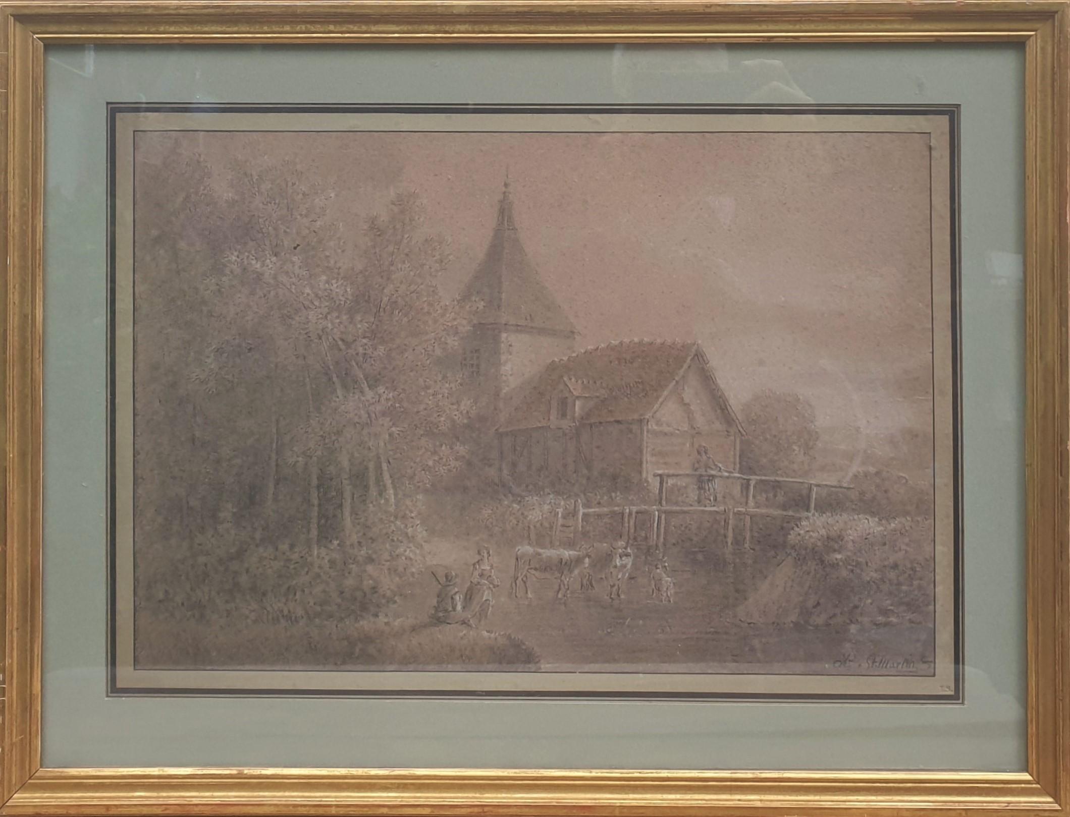 Zeichnung PAU de SAINT-MARTIN Bleistift Gouache sanguine Landschaftsmühle Fluss 18th – Art von Alexandre PAU de SAINT-MARTIN