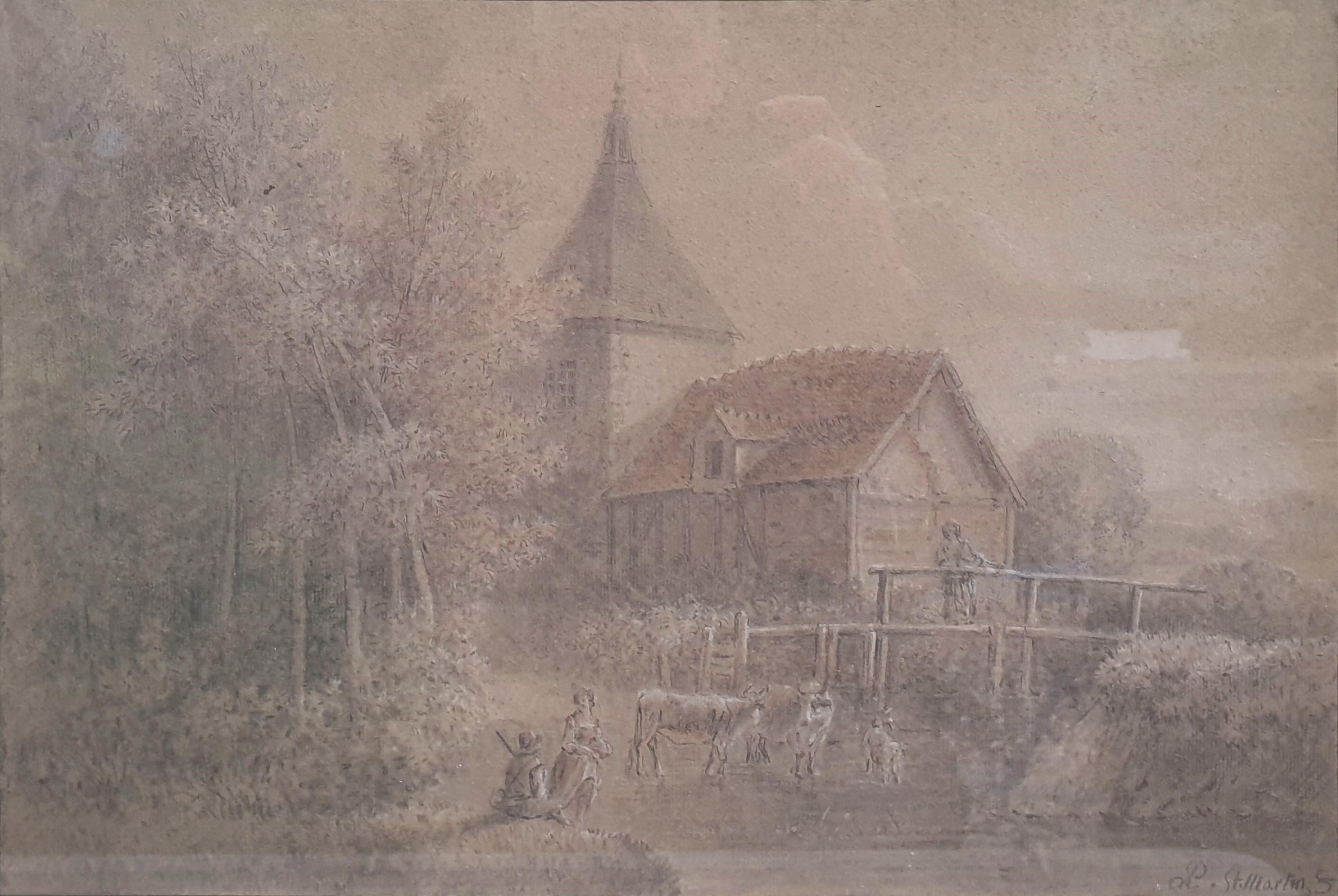 Dibujo PAU de SAINT-MARTIN lápiz aguada sanguina Paisaje molino río XVIII