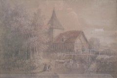 Dibujo PAU de SAINT-MARTIN lápiz aguada sanguina Paisaje molino río XVIII