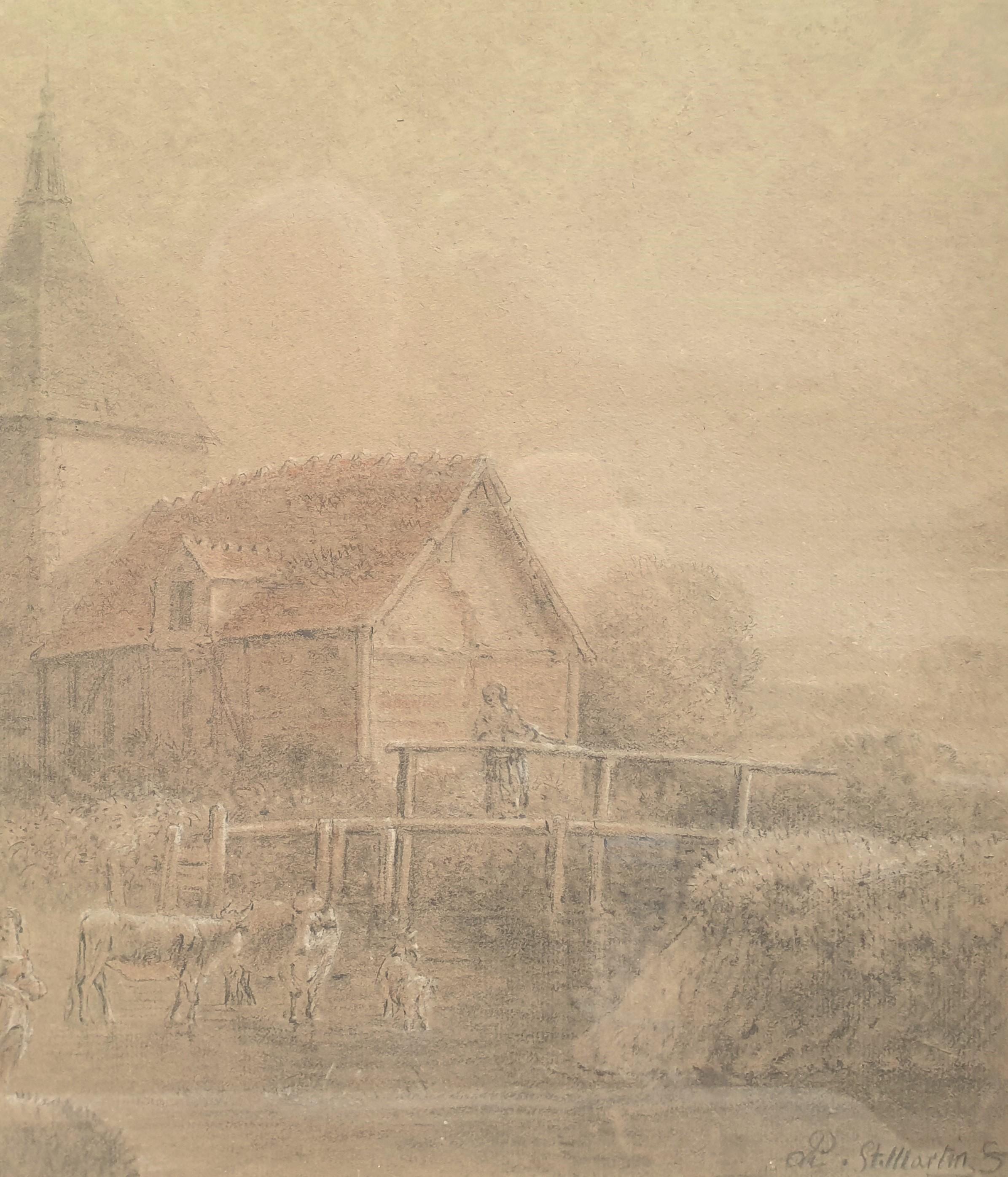 Drawing PAU de SAINT-MARTIN pencil gouache sanguine Landscape mill river 18th For Sale 1