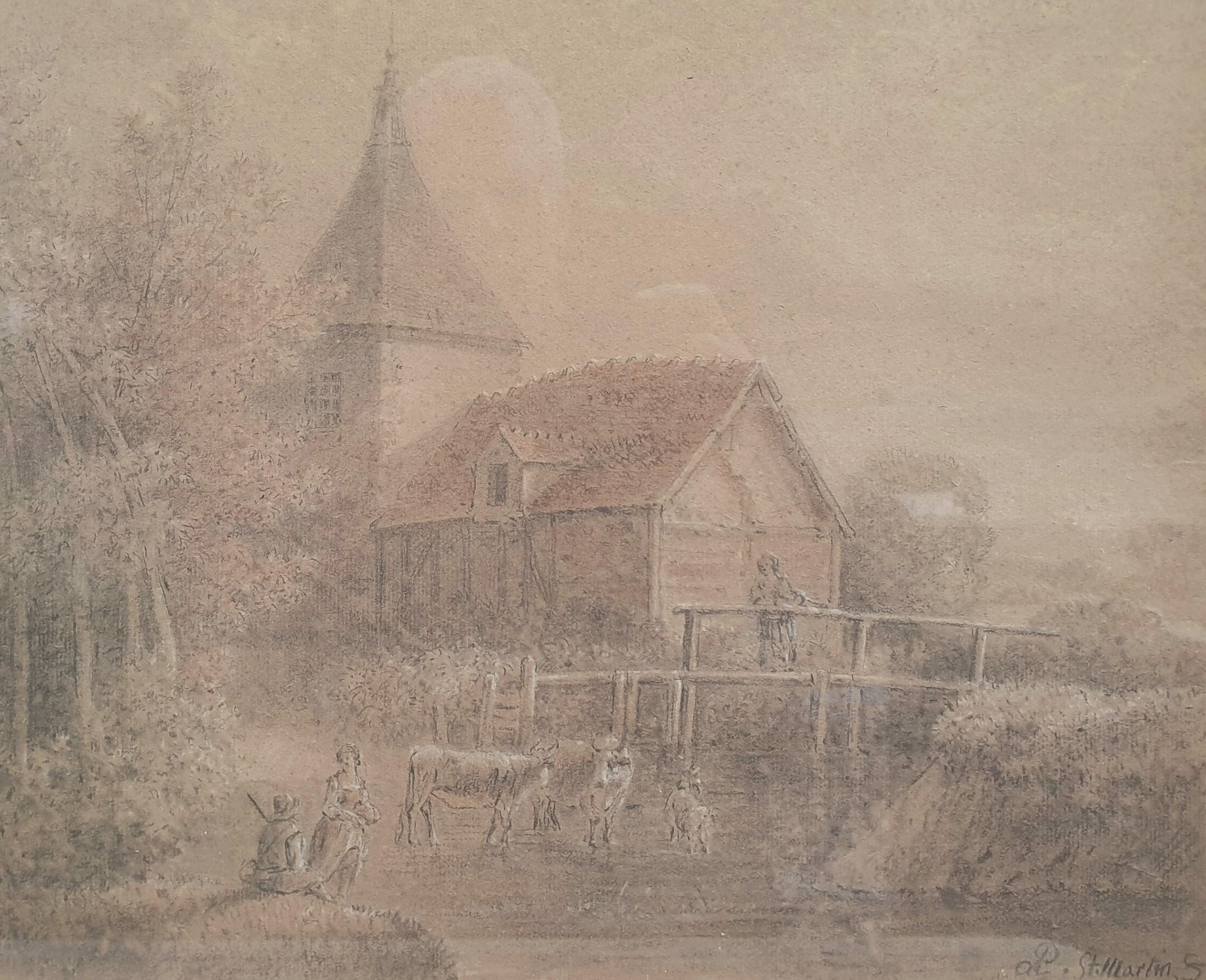 Zeichnung PAU de SAINT-MARTIN Bleistift Gouache sanguine Landschaftsmühle Fluss 18th (Grau), Landscape Art, von Alexandre PAU de SAINT-MARTIN