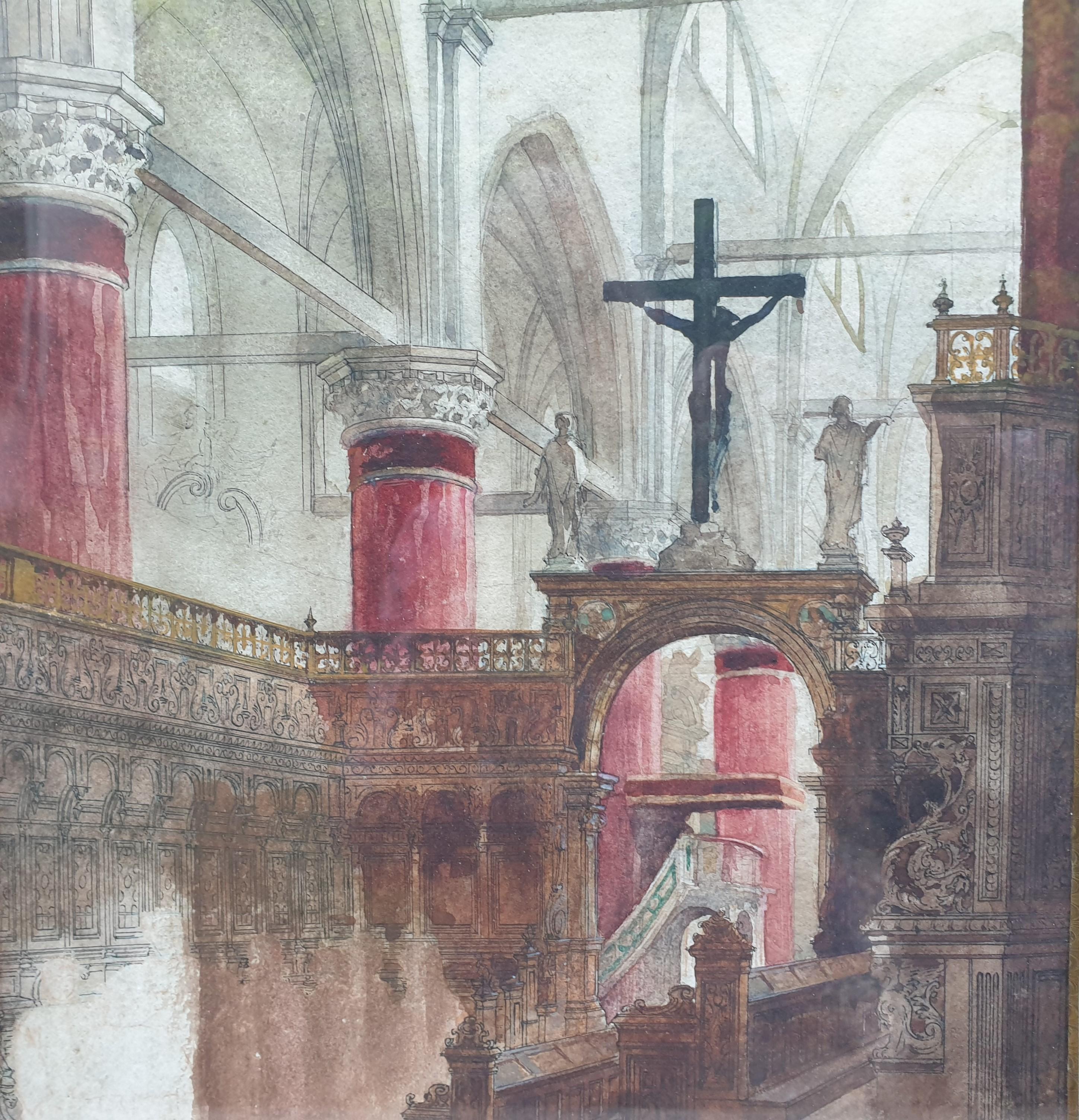 Acuarela Interior Iglesia Santa Maria Gloriosa dei Frari Venecia Francés XIX 1
