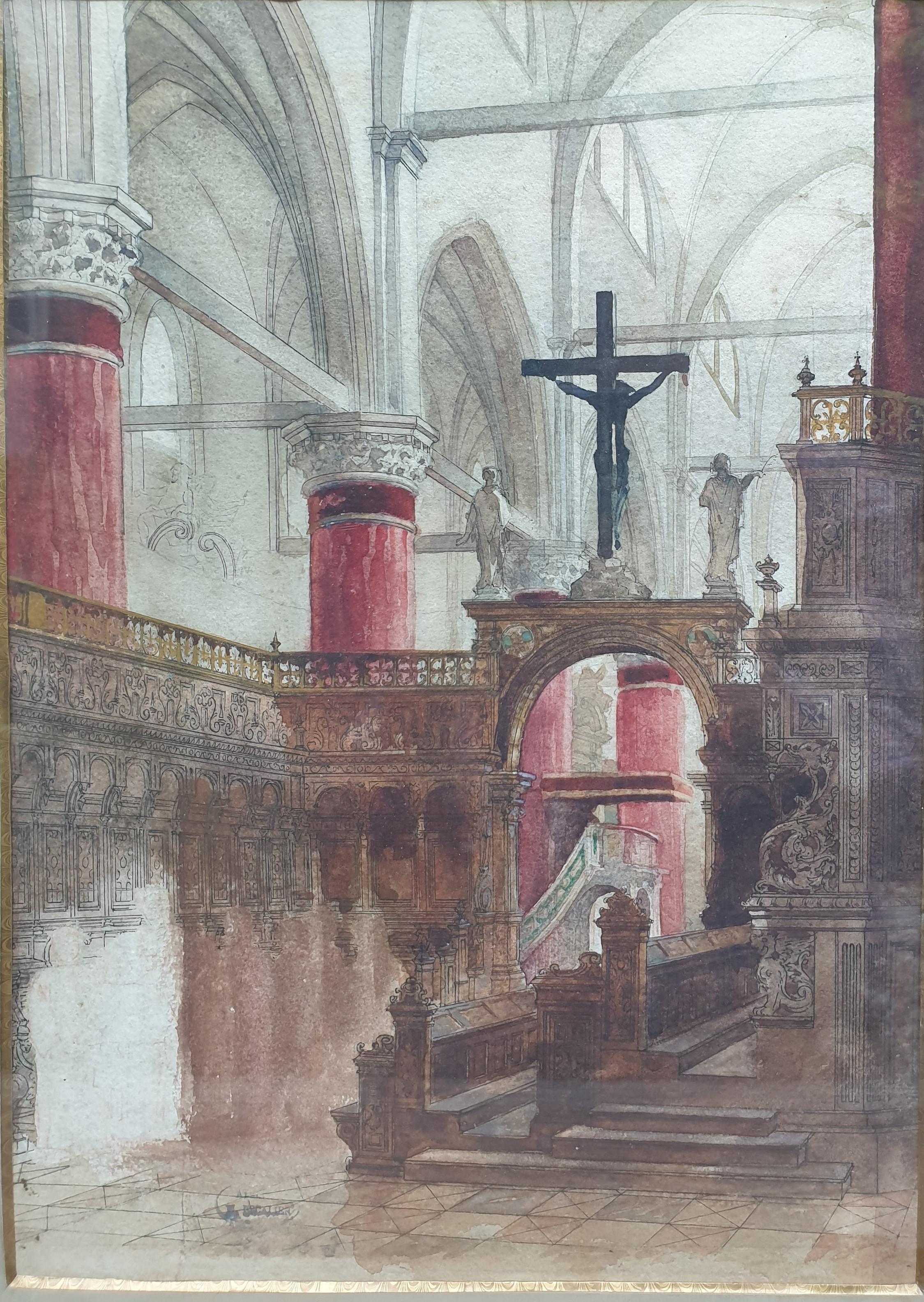 Acuarela Interior Iglesia Santa Maria Gloriosa dei Frari Venecia Francés XIX - Art de Nicolas Félix ESCALIER