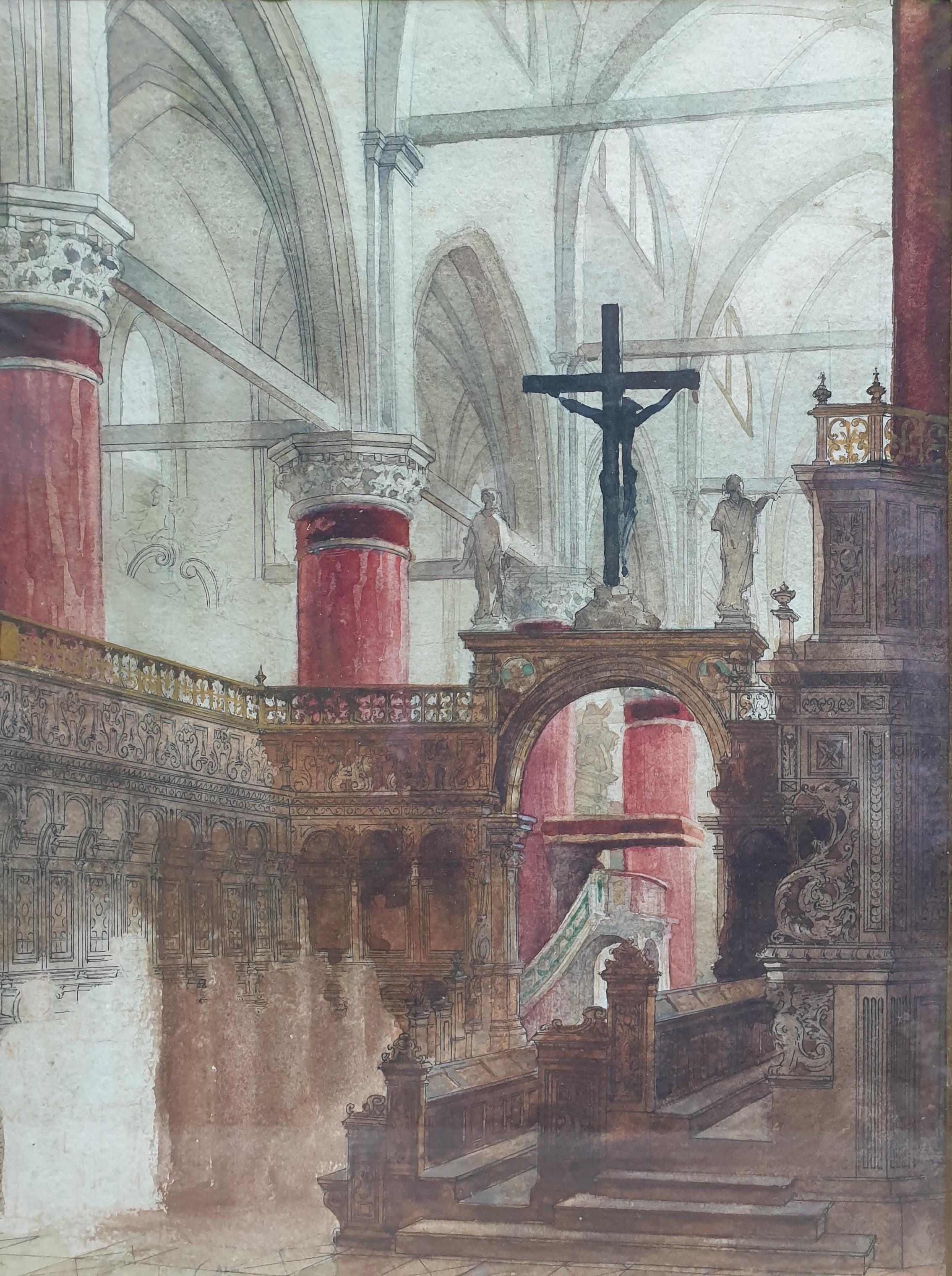 Acuarela Interior Iglesia Santa Maria Gloriosa dei Frari Venecia Francés XIX - Art Escuela francesa de Nicolas Félix ESCALIER