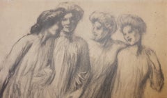 STEINLEN Dessin au fusain Femmes marchant dans la rue à Paris Art nouveau 20e