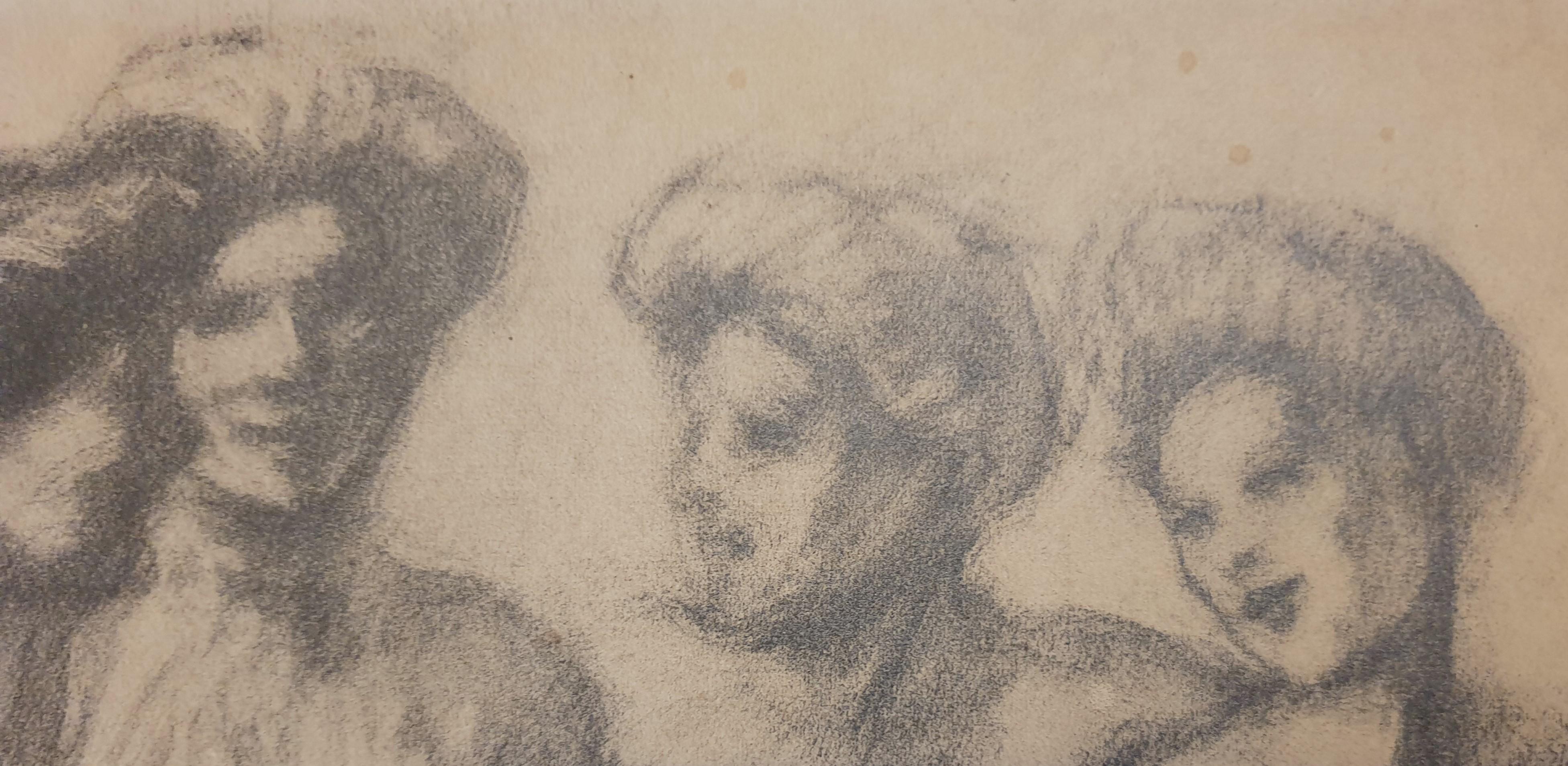 STEINLEN Dibujo al carboncillo Mujeres paseando por la calle en París Art nouveau 20e en venta 1