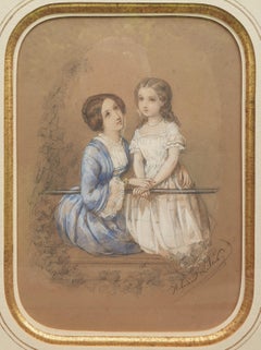 French Romantic Drawing Héloïse LELOIR gouache mother and daughter 19th
