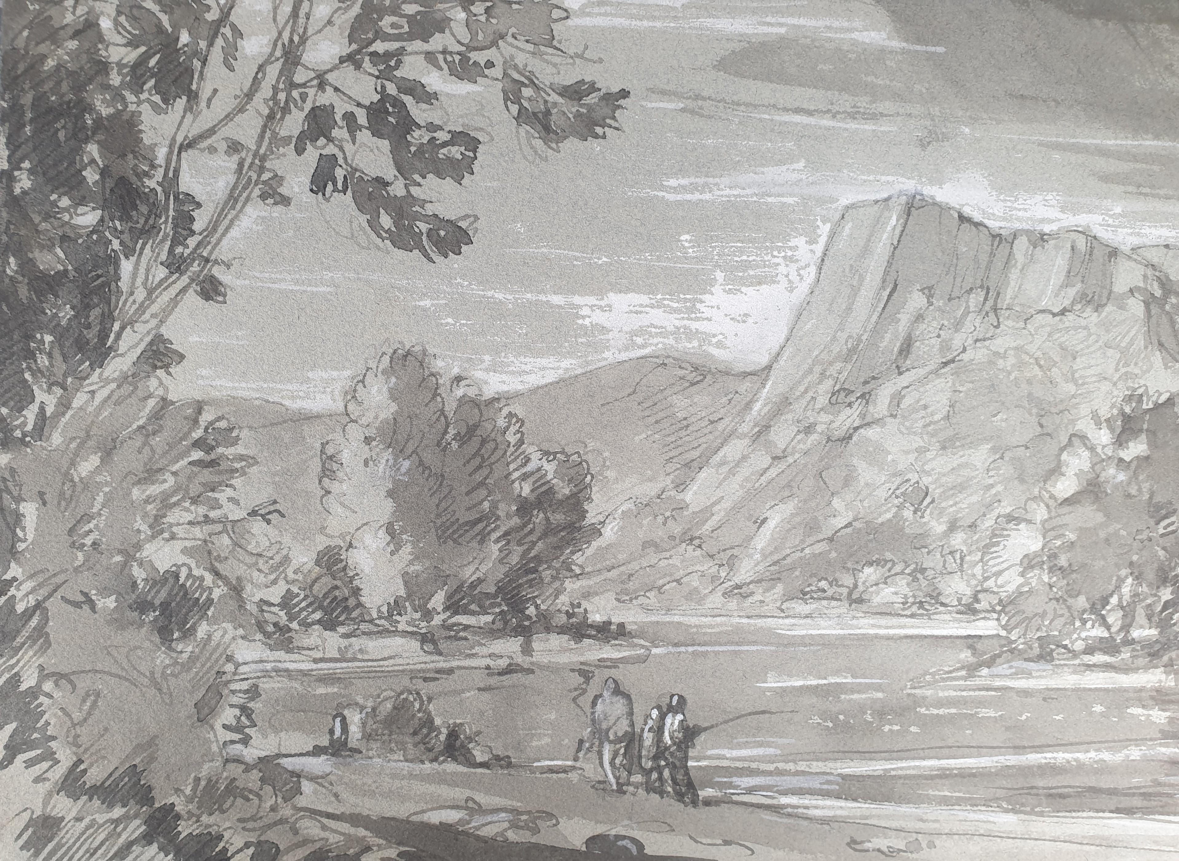 Französische Schule 19. Jahrhundert Zeichnung üppiger Landschaft Flussfischer Fischer – Art von Unknown