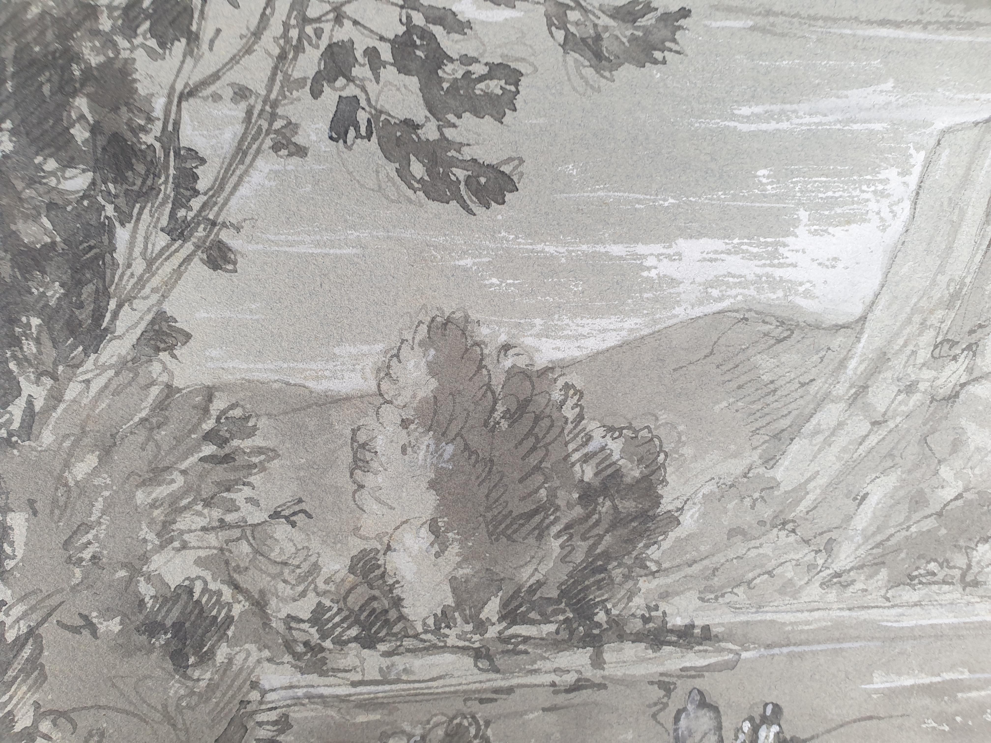 Französische Schule 19. Jahrhundert Zeichnung üppiger Landschaft Flussfischer Fischer im Angebot 1