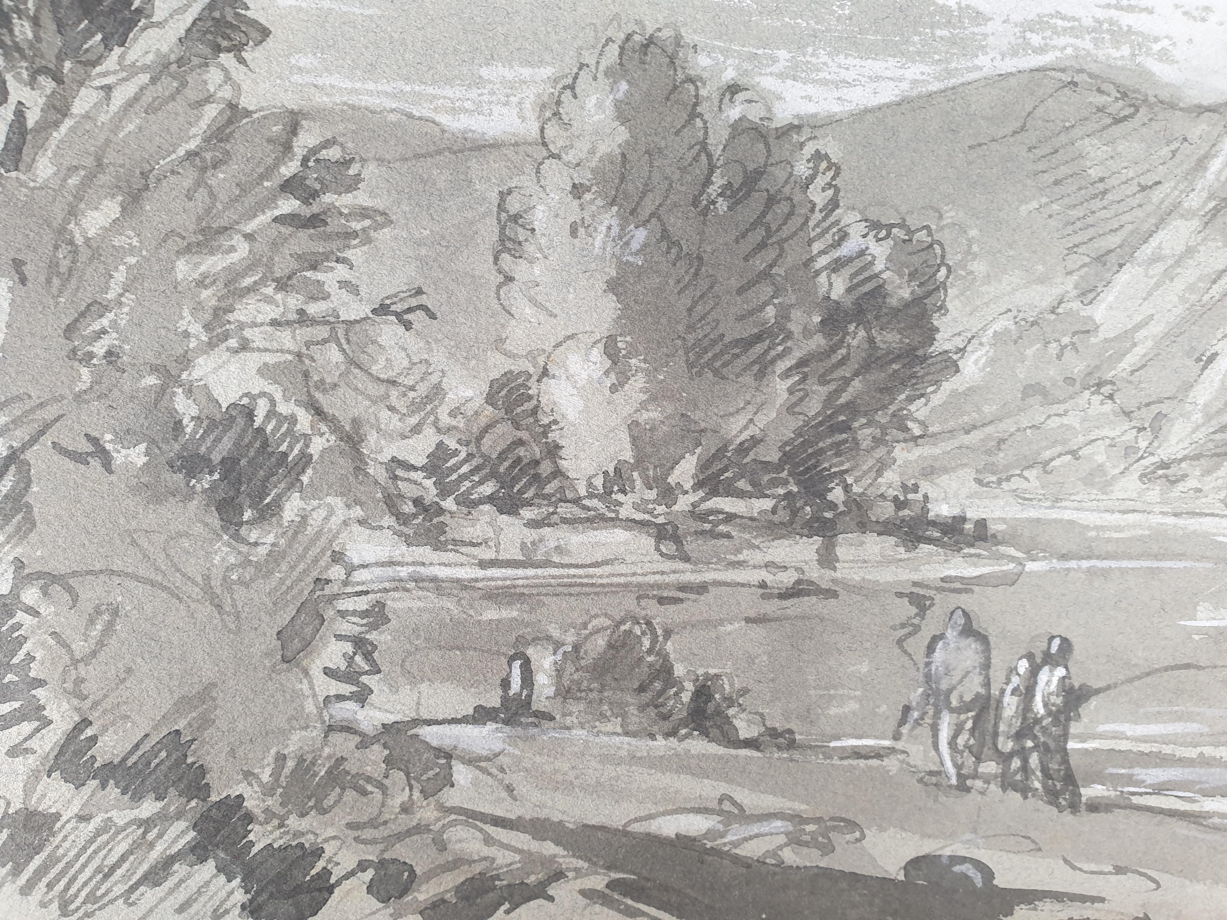 Französische Schule 19. Jahrhundert Zeichnung üppiger Landschaft Flussfischer Fischer (Grau), Landscape Art, von Unknown