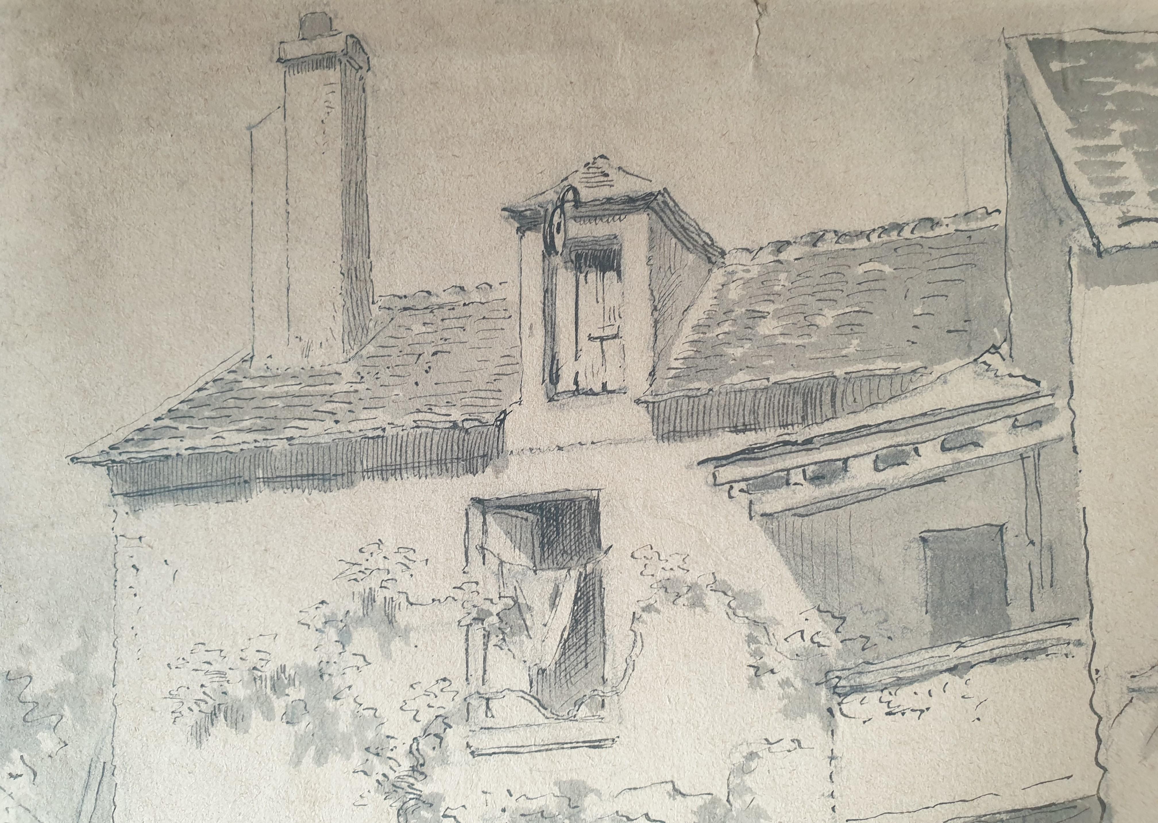 Encre de toilette de l'école française 19e Champigny Val de Marne France maison - Gris Landscape Art par Unknown