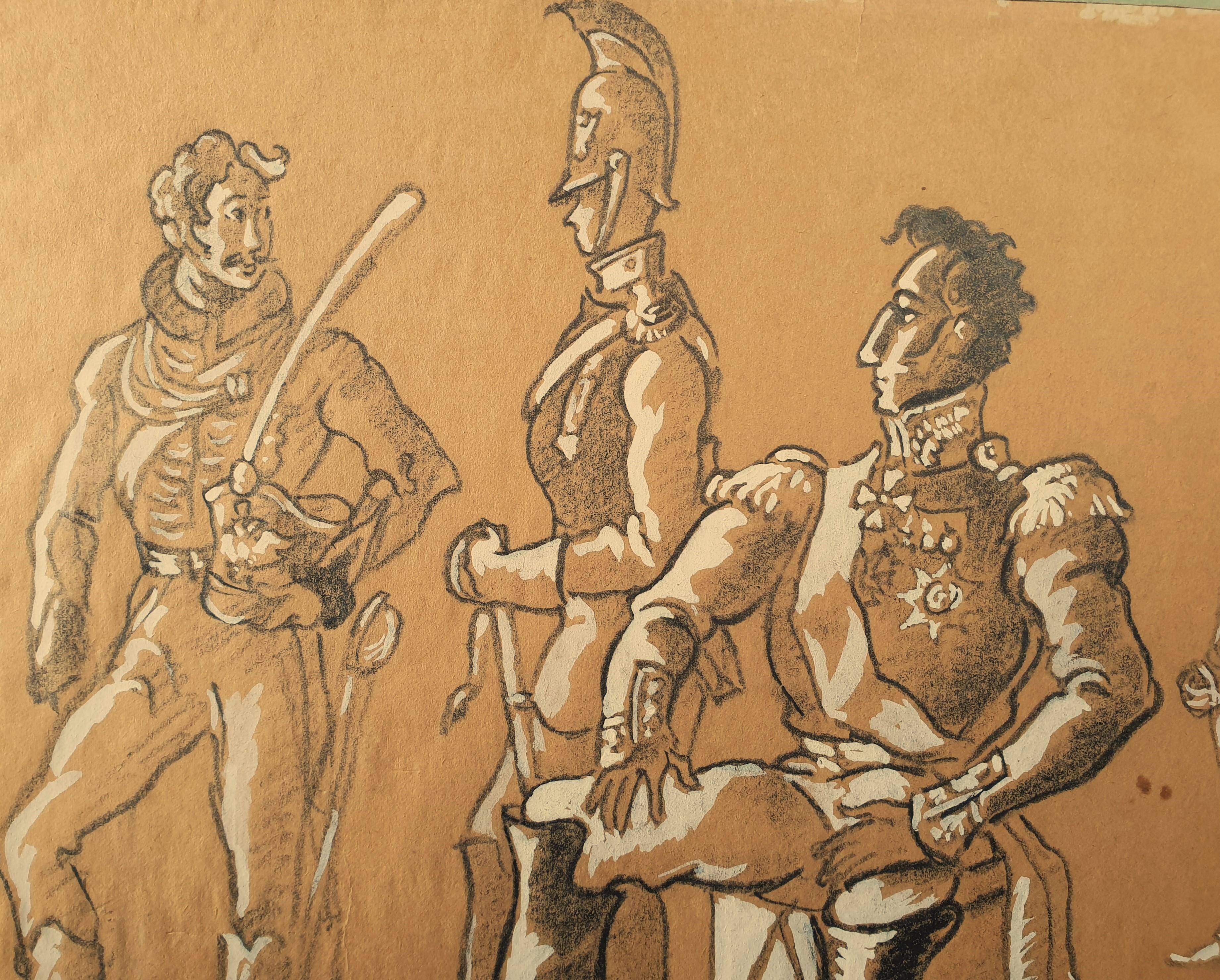 Tschechische Schule des 20. Jahrhunderts Zeichnung Schwarze Kreide und Gouache russische Soldaten Puchkin – Art von Unknown