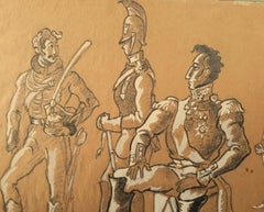 Czech school 20th Drawing black chalk and gouache russian soldiers Puchkin