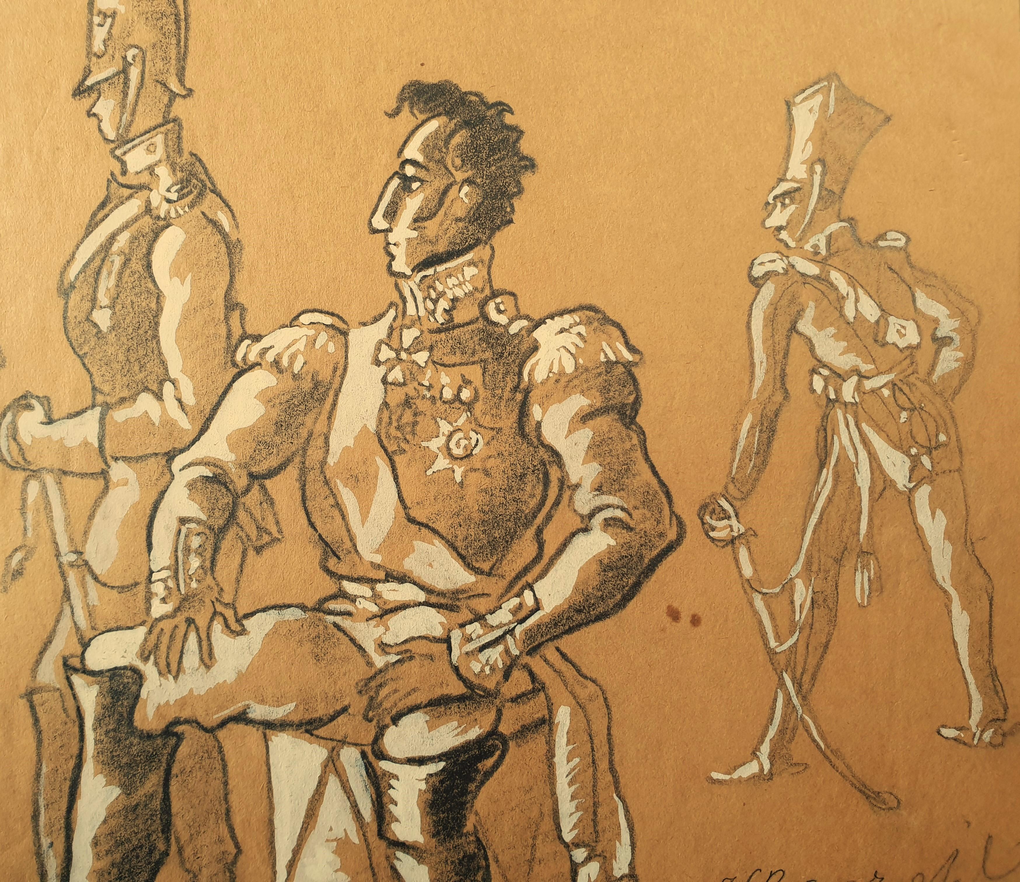 Tschechische Schule des 20. Jahrhunderts Zeichnung Schwarze Kreide und Gouache russische Soldaten Puchkin (Art nouveau), Art, von Unknown